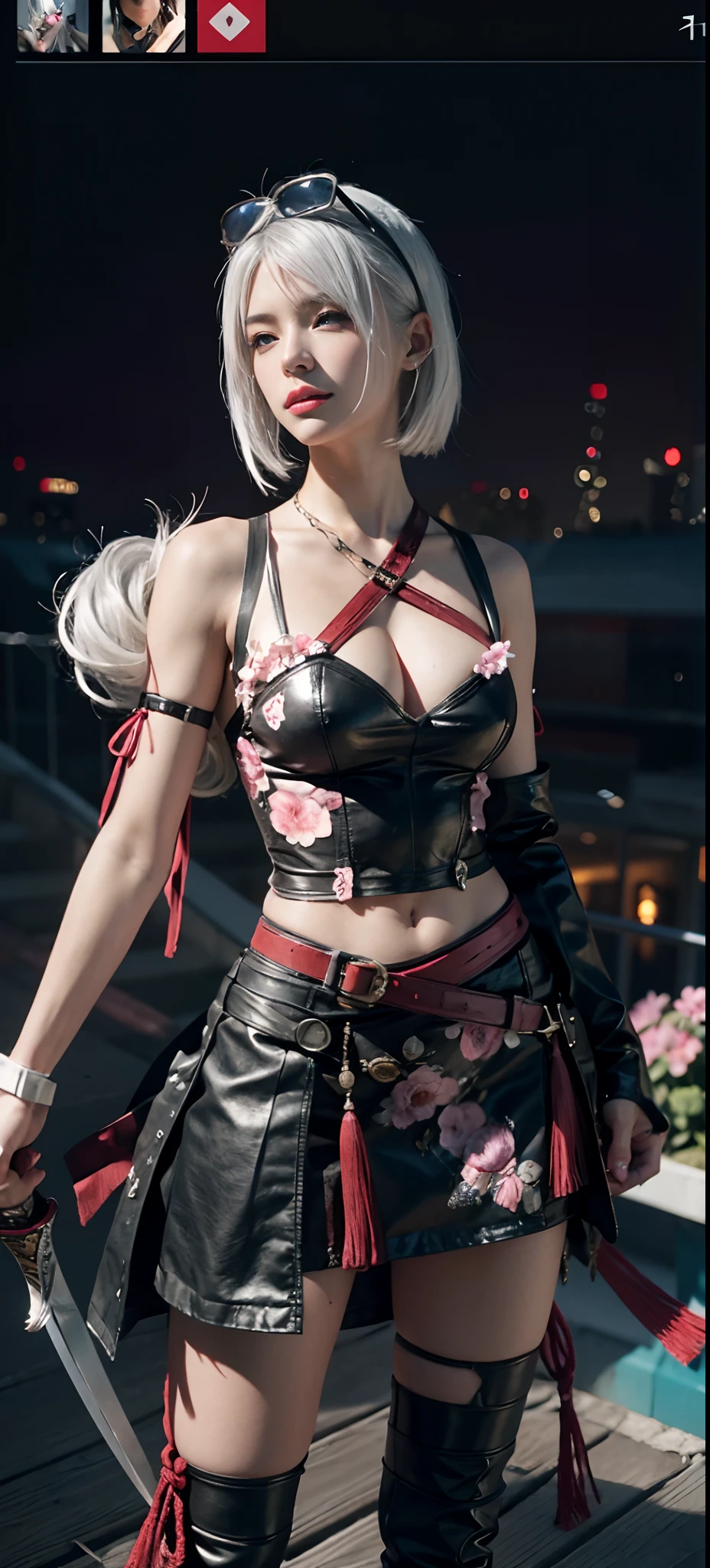 a close up of a person in a costume with a sword, as a character in tekken, female character, tifa lockhart with white hair, katana zero video game character, lunar themed attire, kda, slim body, cyborg - girl with silver hair, upper body avatar, (( medium breast;1.2)), fashion gameplay screenshot, fighting game character, new character, floralpunk elysian maiden, sigma female