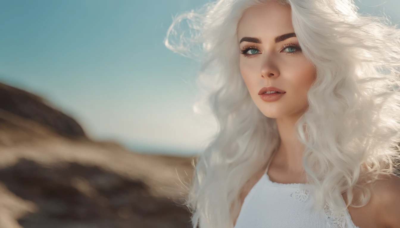 White sheer short tank top dress girl, Sexy girl with green eyes, Portrait of Sophie Mudd, (Big Eyes:1.2 ), (Subtle turquoise eyes), (Voluminous white hair: 1.8), (white hair), (large eyes), (white hair), (large eyes), (white hair), (large eyes), Selfie of a young woman, without makeup, natural makeup, Straight Looking at the Camera, Faces with artgrams, Subtle makeup, Amazing full-body shots, Pierced green eyes, Beautiful angles, attractive pose, Cute Girl, Sexy Pose, full body photograph, s whole body, full body shooting, White hair goddess, High Detail, Satisfying pose, seaside, waves, Sunny weather, shining sun, (Hair blowing in the breeze), Sunny weather, shining sun, (Hair blowing in the breeze), (Hair blowing in the breeze)
