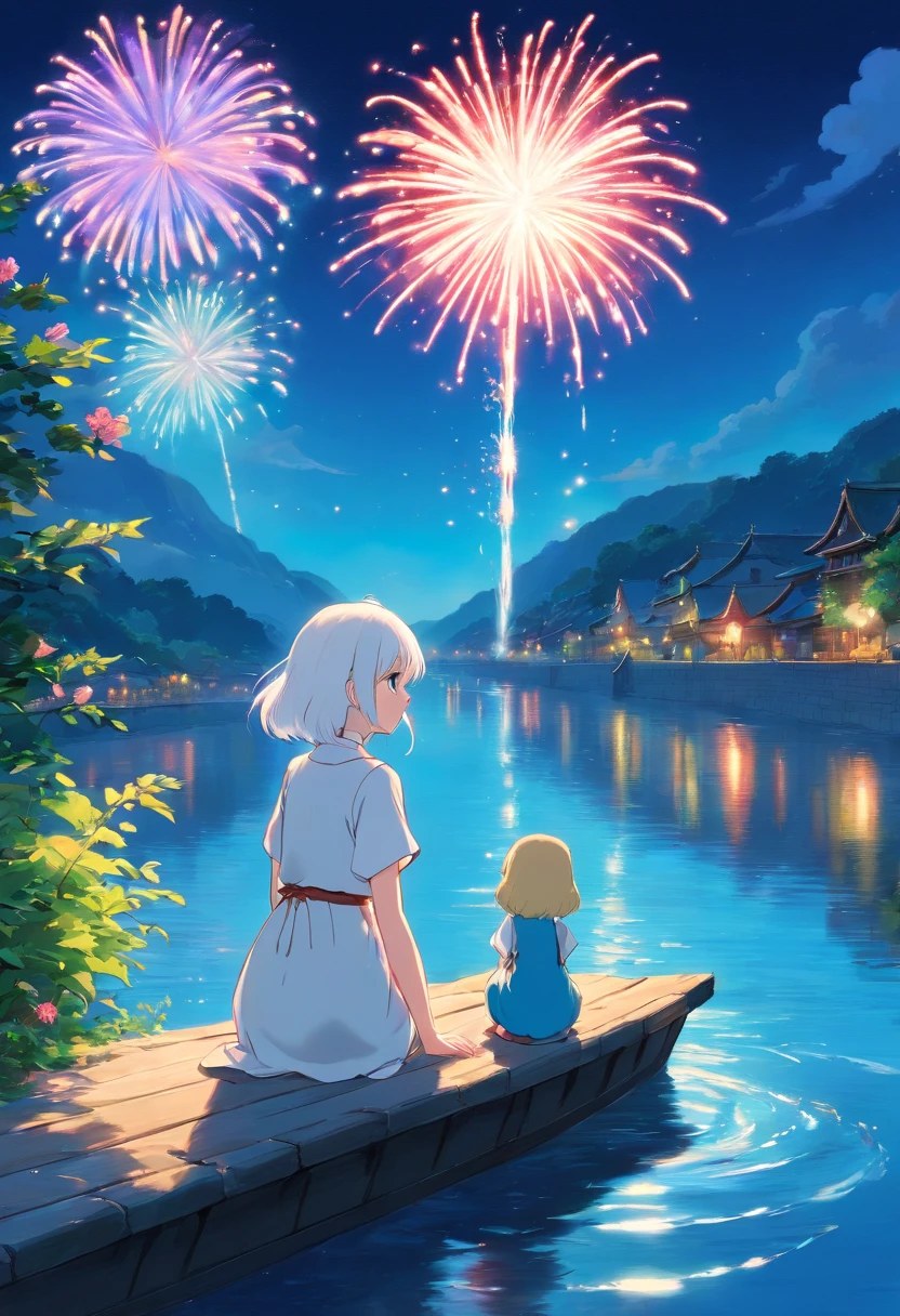 This is a hot spring deep in the mountains at midnight.、You can see the night view of Lake Suwa in the background.、Fireworks and stars reflected on the lake、beautiful starry sky、A fireworks display is being held in the distance、Busty mother and small-breasted daughter relaxing in a hot spring、The two are father and son, and their hair color is light blonde.、naughty parent and 、Mother and daughter、their hair color is the same、They're naked、they are naked、I々can see their pink nipples、I can see pubic hair、They have a lot of pubic hair、beautiful nude body、R18 illustration、Eromanga、Erotic illustration、2D illustration、Japan anime、drawn by Japanese ilastrator、high resolution、4K quality、high quality、High resolution、5 million pixels、high detail、beautiful background
