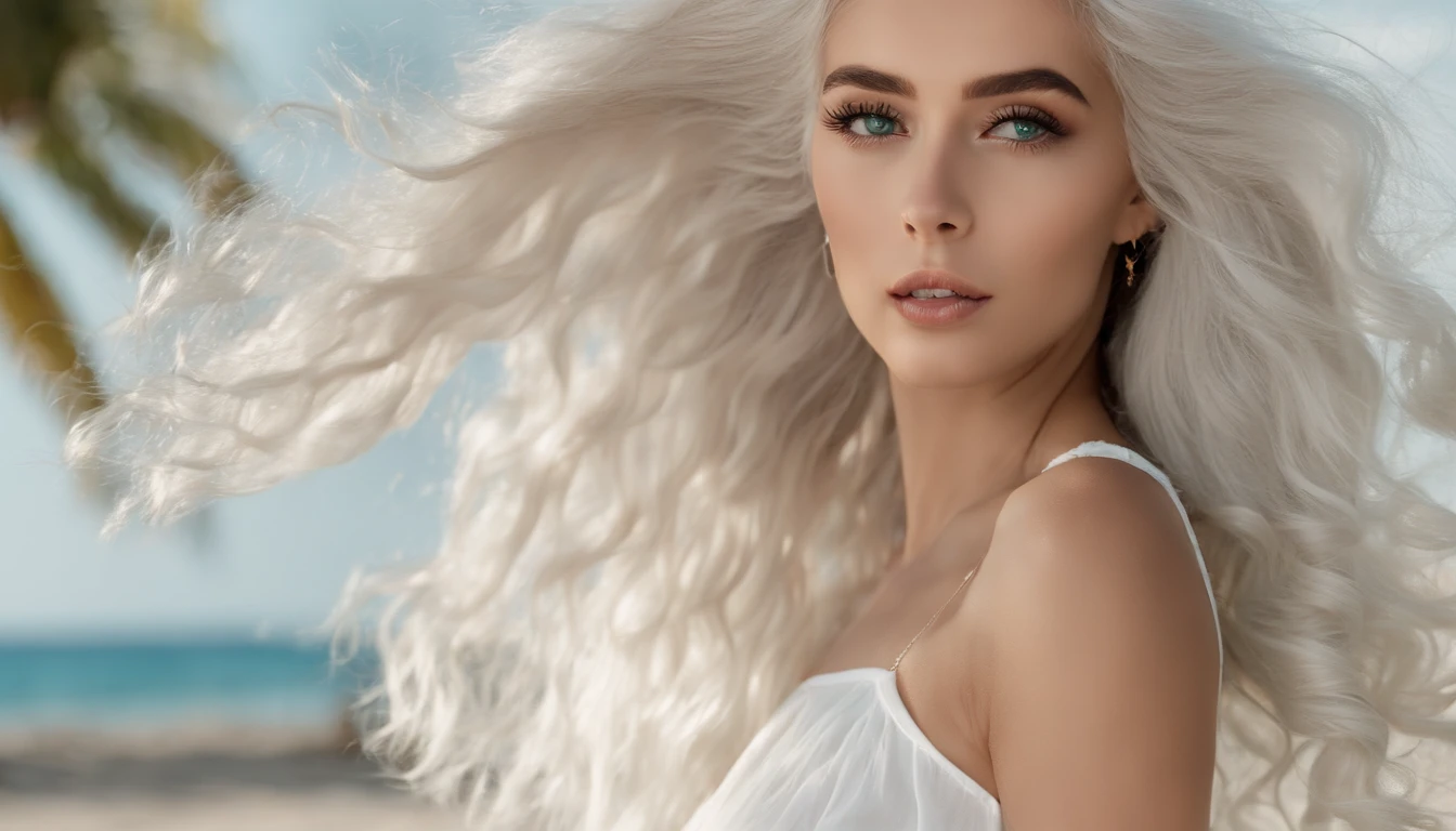 White sheer short tank top dress girl, Sexy girl with green eyes, Portrait of Sophie Mudd, (Big Eyes:1.2 ), (Subtle turquoise eyes), (Voluminous white hair: 1.8), (white hair), (large eyes), (white hair), (large eyes), (white hair), (large eyes), Selfie of a young woman, without makeup, natural makeup, Straight Looking at the Camera, Faces with artgrams, Subtle makeup, Amazing full-body shots, Pierced green eyes, Beautiful angles, attractive pose, Cute Girl, Sexy Pose, full body photograph, s whole body, full body shooting, White hair goddess, High Detail, Satisfying pose, seaside, waves, Sunny weather, shining sun, (Hair blowing in the breeze), Sunny weather, shining sun, (Hair blowing in the breeze), (Hair blowing in the breeze)