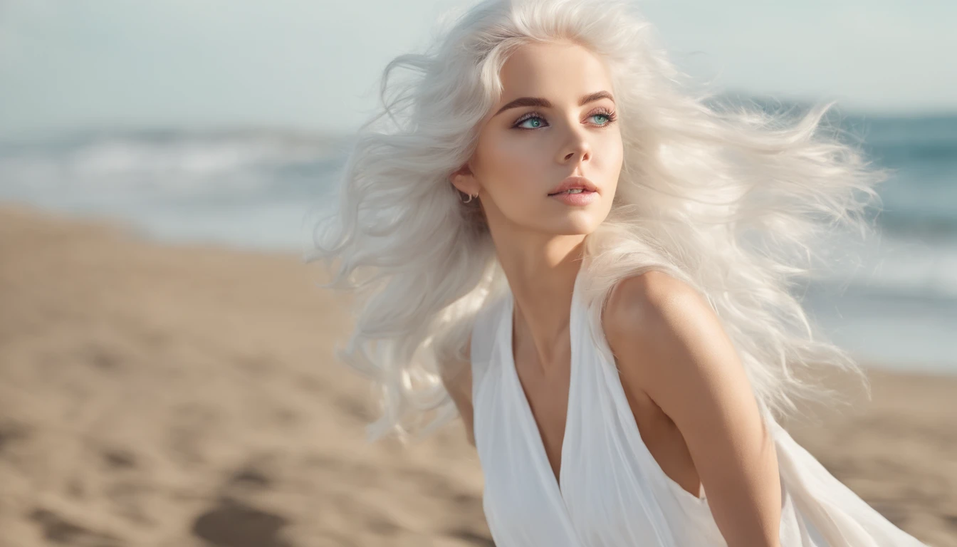 White sheer short tank top dress girl, Sexy girl with green eyes, Portrait of Sophie Mudd, (Big Eyes:1.2 ), (Subtle turquoise eyes), (Voluminous white hair: 1.8), (white hair), (large eyes), (white hair), (large eyes), (white hair), (large eyes), Selfie of a young woman, without makeup, natural makeup, Straight Looking at the Camera, Faces with artgrams, Subtle makeup, Amazing full-body shots, Pierced green eyes, Beautiful angles, attractive pose, Cute Girl, Sexy Pose, full body photograph, s whole body, full body shooting, White hair goddess, High Detail, Satisfying pose, seaside, waves, Sunny weather, shining sun, (Hair blowing in the breeze), Sunny weather, shining sun, (Hair blowing in the breeze), (Hair blowing in the breeze)