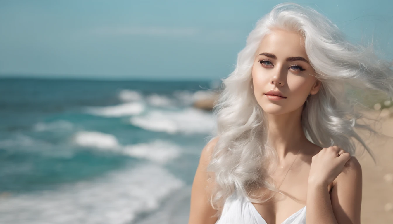 White sheer short tank top dress girl, Sexy girl with green eyes, Portrait of Sophie Mudd, (Big Eyes:1.2 ), (Subtle turquoise eyes), (Voluminous white hair: 1.8), (white hair), (large eyes), (white hair), (large eyes), (white hair), (large eyes), Selfie of a young woman, without makeup, natural makeup, Straight Looking at the Camera, Faces with artgrams, Subtle makeup, Amazing full-body shots, Pierced green eyes, Beautiful angles, attractive pose, Cute Girl, Sexy Pose, full body photograph, s whole body, full body shooting, White hair goddess, High Detail, Satisfying pose, seaside, waves, Sunny weather, shining sun, (Hair blowing in the breeze), Sunny weather, shining sun, (Hair blowing in the breeze), (Hair blowing in the breeze)