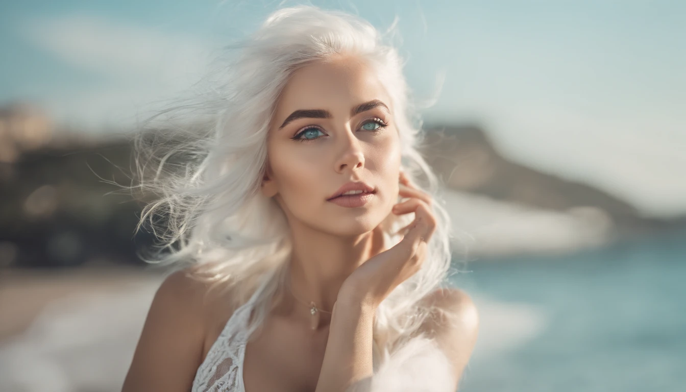 White sheer short tank top dress girl, Sexy girl with green eyes, Portrait of Sophie Mudd, (Big Eyes:1.2 ), (Subtle turquoise eyes), (Voluminous white hair: 1.8), (white hair), (large eyes), (white hair), (large eyes), (white hair), (large eyes), Selfie of a young woman, without makeup, natural makeup, Straight Looking at the Camera, Faces with artgrams, Subtle makeup, Amazing full-body shots, Pierced green eyes, Beautiful angles, attractive pose, Cute Girl, Sexy Pose, full body photograph, s whole body, full body shooting, White hair goddess, High Detail, Satisfying pose, seaside, waves, Sunny weather, shining sun, (Hair blowing in the breeze), Sunny weather, shining sun, (Hair blowing in the breeze), (Hair blowing in the breeze)
