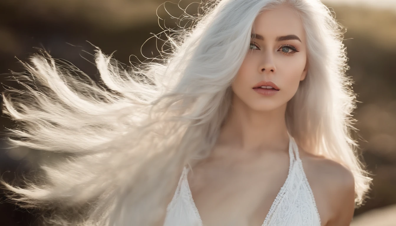 White sheer short tank top dress girl, Sexy girl with green eyes, Portrait of Sophie Mudd, (Big Eyes:1.2 ), (Subtle turquoise eyes), (Voluminous white hair: 1.8), (white hair), (large eyes), (white hair), (large eyes), (white hair), (large eyes), Selfie of a young woman, without makeup, natural makeup, Straight Looking at the Camera, Faces with artgrams, Subtle makeup, Amazing full-body shots, Pierced green eyes, Beautiful angles, attractive pose, Cute Girl, Sexy Pose, full body photograph, s whole body, full body shooting, White hair goddess, High Detail, Satisfying pose, seaside, waves, Sunny weather, shining sun, (Hair blowing in the breeze), Sunny weather, shining sun, (Hair blowing in the breeze), (Hair blowing in the breeze)