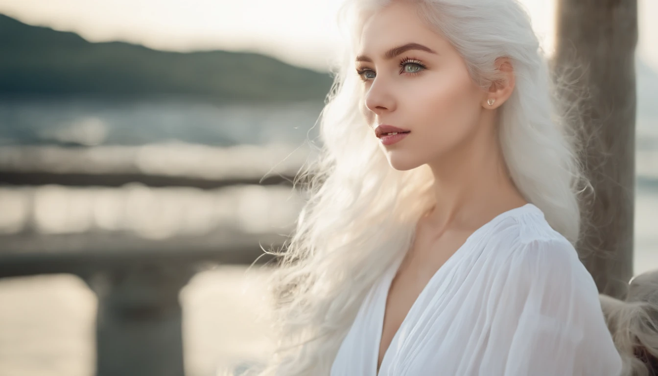 White sheer short tank top dress girl, Sexy girl with green eyes, Portrait of Sophie Mudd, (Big Eyes:1.2 ), (Subtle turquoise eyes), (Voluminous white hair: 1.8), (white hair), (large eyes), (white hair), (large eyes), (white hair), (large eyes), Selfie of a young woman, without makeup, natural makeup, Straight Looking at the Camera, Faces with artgrams, Subtle makeup, Amazing full-body shots, Pierced green eyes, Beautiful angles, attractive pose, Cute Girl, Sexy Pose, full body photograph, s whole body, full body shooting, White hair goddess, High Detail, Satisfying pose, seaside, waves, Sunny weather, shining sun, (Hair blowing in the breeze), Sunny weather, shining sun, (Hair blowing in the breeze), (Hair blowing in the breeze)