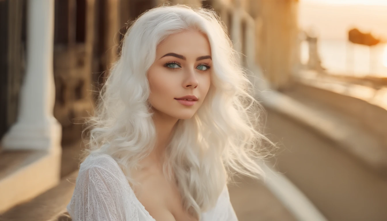White sheer short tank top dress girl, Sexy girl with green eyes, Portrait of Sophie Mudd, (Big Eyes:1.2 ), (Subtle turquoise eyes), (Voluminous white hair: 1.8), (white hair), (large eyes), (white hair), (large eyes), (white hair), (large eyes), Selfie of a young woman, without makeup, natural makeup, Straight Looking at the Camera, Faces with artgrams, Subtle makeup, Amazing full-body shots, Pierced green eyes, Beautiful angles, attractive pose, Cute Girl, Sexy Pose, full body photograph, s whole body, full body shooting, White hair goddess, High Detail, Satisfying pose, seaside, waves, Sunny weather, shining sun, (Hair blowing in the breeze), Sunny weather, shining sun, (Hair blowing in the breeze), (Hair blowing in the breeze)