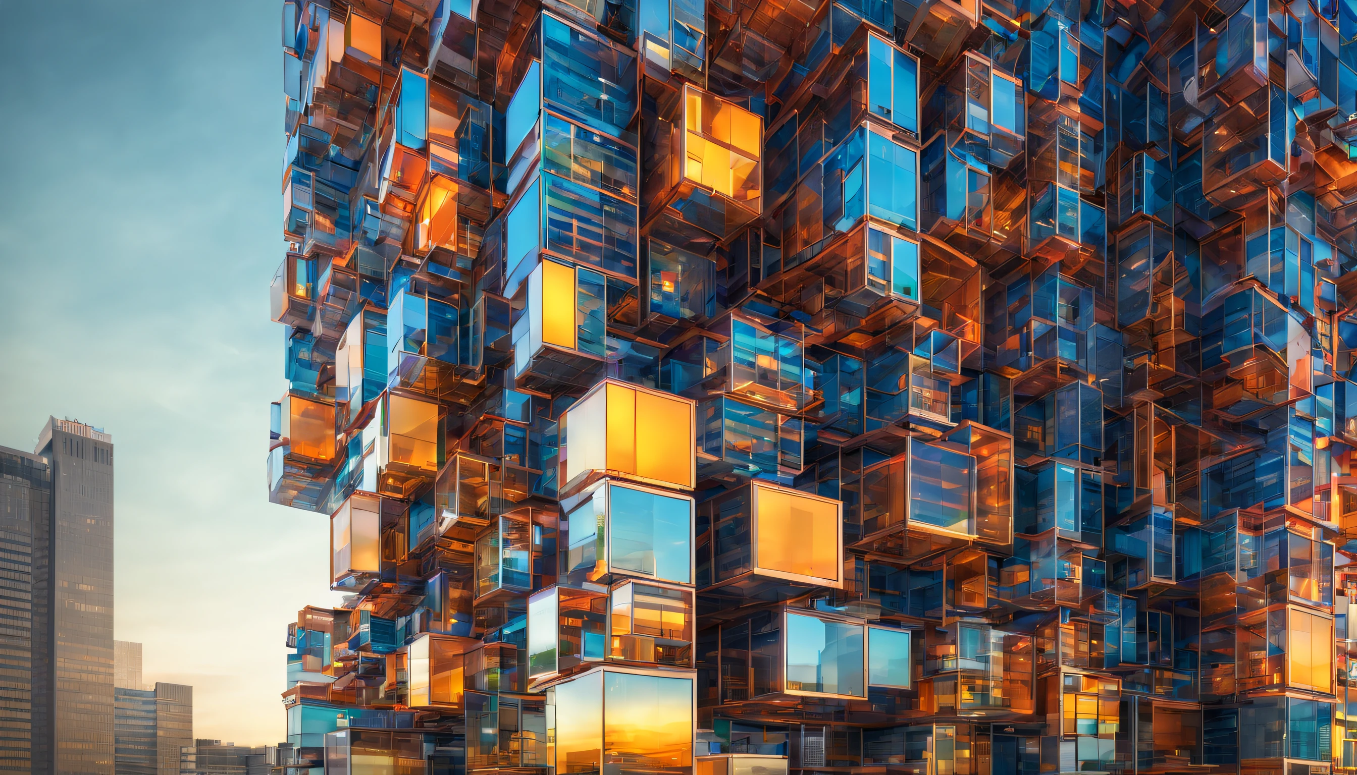Design a sky scrapper composed of thousands of pixel like modules that can change color and shape. This building should serve a s a dynamic digital canvas for art and information. Photo realistic. hyper realistic photography, HDR, UHD 32k. --AR 16:9. seed 777