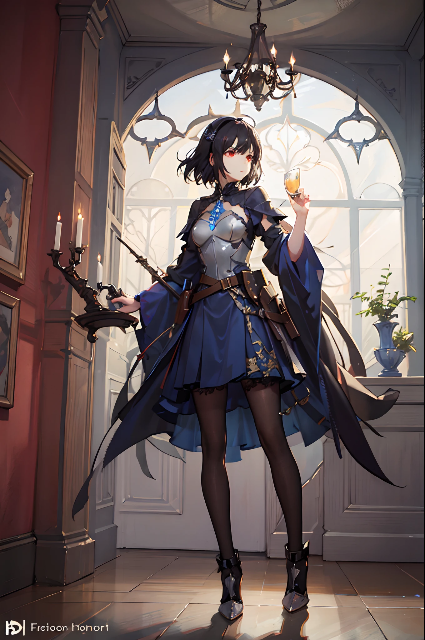 (masterpiece, best quality), illustration, absurdres, 1girl, solo, full body, detailed face, knight, armor, black hair, short hair, red eyes, angry, detailed face, indoors, castle, fantasy, magic