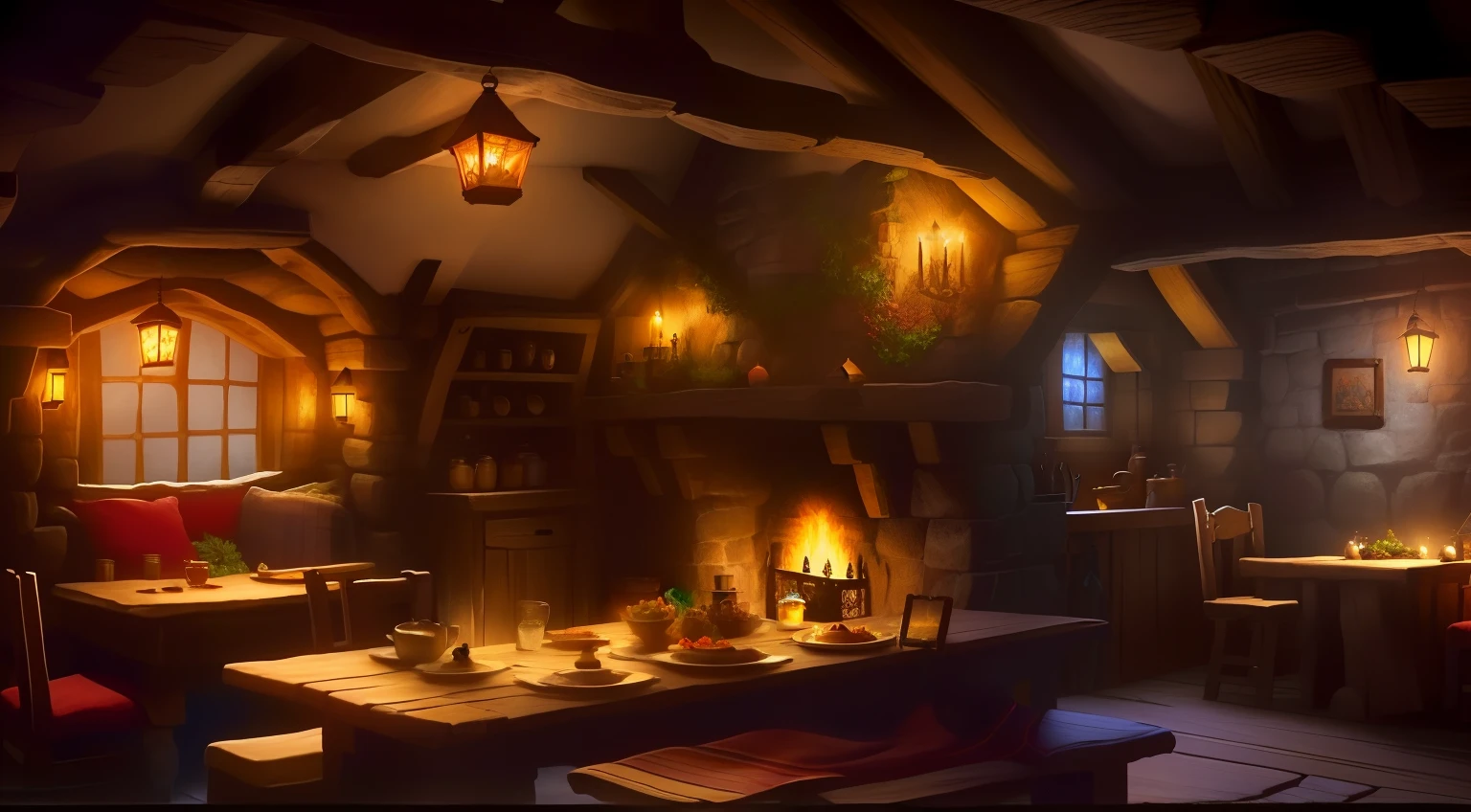 a close up of a table with a lot of food on it, a multidimensional cozy tavern, dimly-lit cozy tavern, dimly lit cozy tavern, in fantasy tavern near fireplace, medieval tavern, fantasy tavern background, cosy enchanted scene, in his hobbit home, tavern background, cozy environment, inside a medieval hobbit home, medieval cottage interior, cozy place