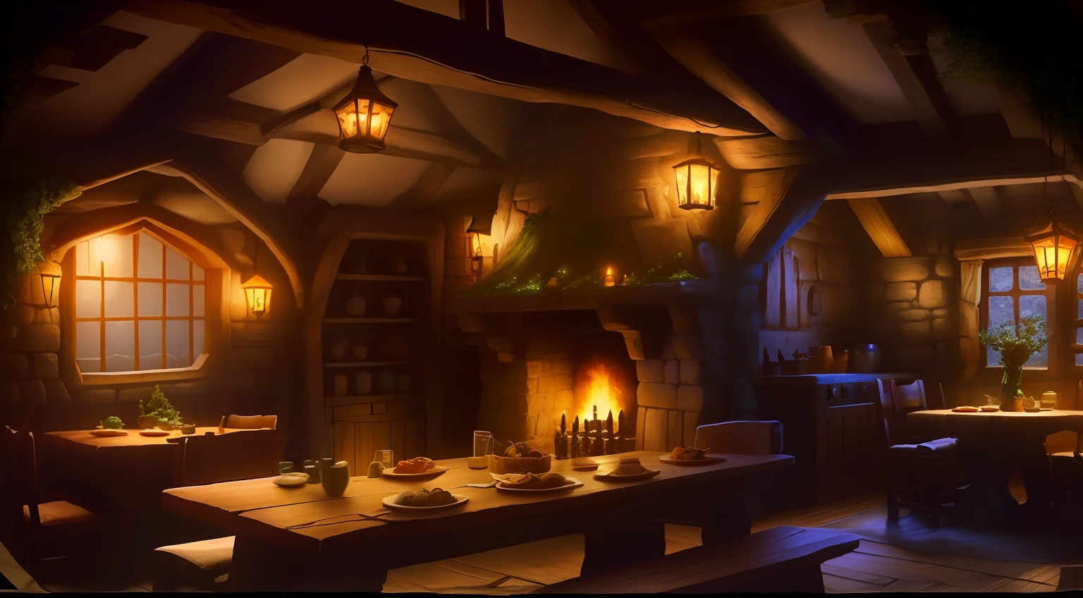 a close up of a table with a lot of food on it, a multidimensional cozy tavern, dimly-lit cozy tavern, dimly lit cozy tavern, in fantasy tavern near fireplace, medieval tavern, fantasy tavern background, cosy enchanted scene, in his hobbit home, tavern background, cozy environment, inside a medieval hobbit home, medieval cottage interior, cozy place