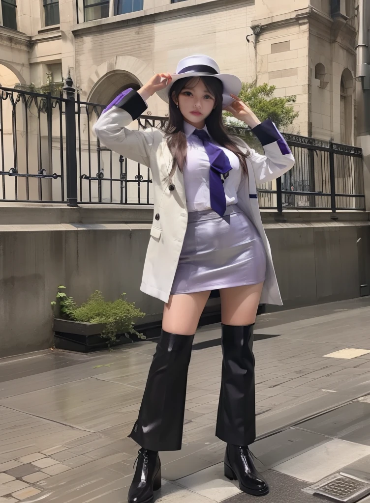 Young Women Clerk、large full breasts、beautiful foot、、 Tops、Good Style、White coat、a gorgeous、White hat、Purple Business Suit、Tight mini skirt