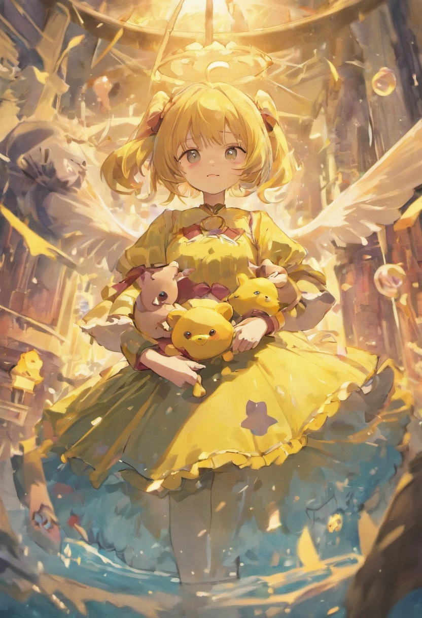 Two Q version girls,A man in a dress holding a teddy bear;The other is holding a toy shark,Little yellow duck on the head。