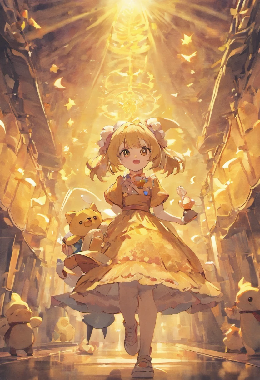 Two Q version girls,A man in a dress holding a teddy bear;The other is holding a toy shark,Little yellow duck on the head。
