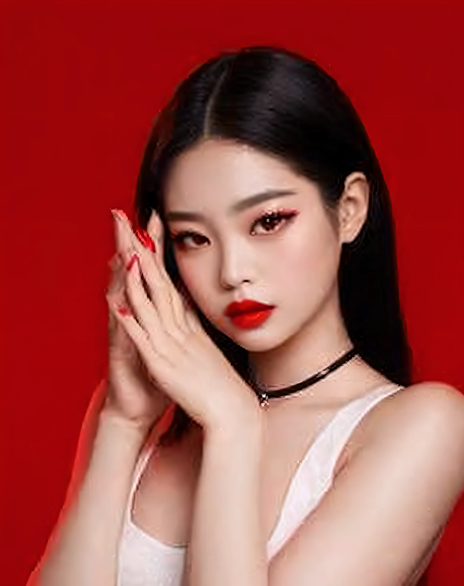 A close-up of a woman with a red lipstick posing for a photo, Blackpink Jennie, Parque Roseanne de Blackpink, Gongbi, Jossi de Blackpink, terciopelo rojo, Retrato de Jossi de Blackpink, maquillaje coreano popular, Wan adorable cara coreana, Heonhwa Choe, tzuyu de dos veces, Parque Ji-min, labios rojos gruesos, en fondo rojo