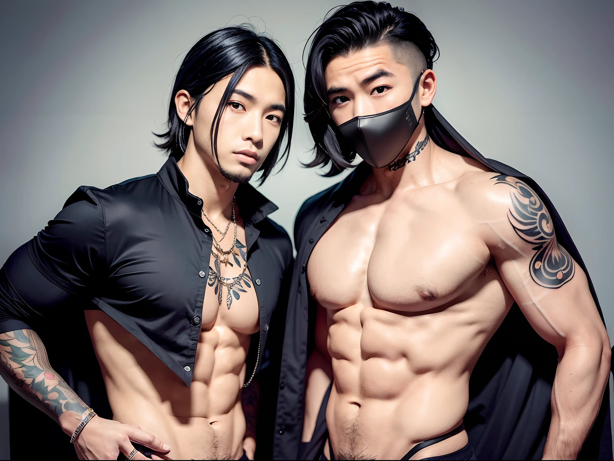 Two oriental men, Boyfriend,Gay, In the fun, roleplaying, Play as a sexy bandit,A mask（black in color）!!,Kim Sejia's anime eyes, Shin Jung-ho's anime eye,  Kiss!!,Almost kissed, body defined, Beautiful, Oriental, Realistic, Cinematic, High quality, 16k, Best quality, High details, Super detail, Tattoos, upper body photos, The pants are a little revealing