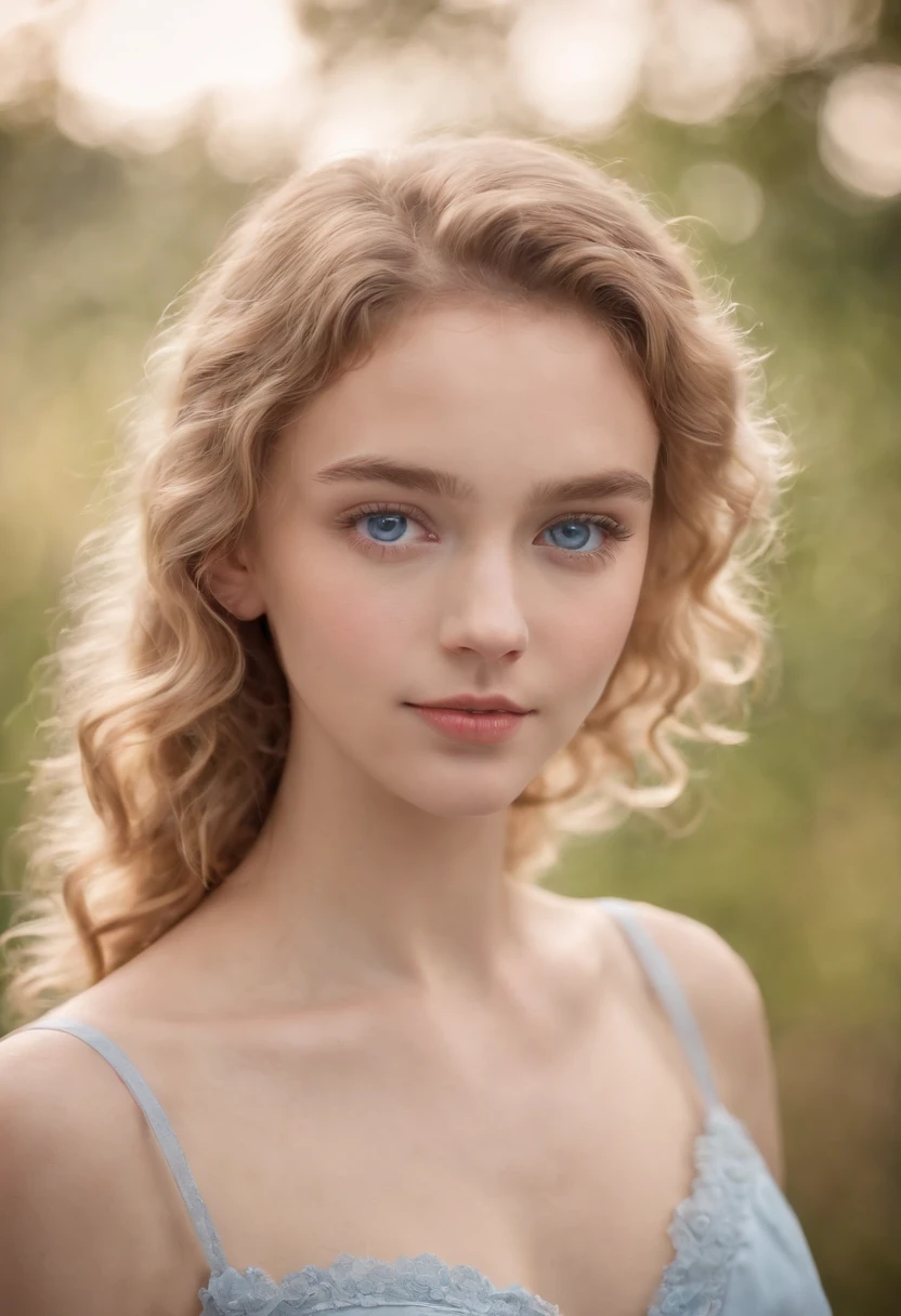 "Full body portrait of a charming 18 year old women with curly light hair, petite figure, beautiful face, captivating blue eyes, and modest bust size, showcasing her natural beauty."