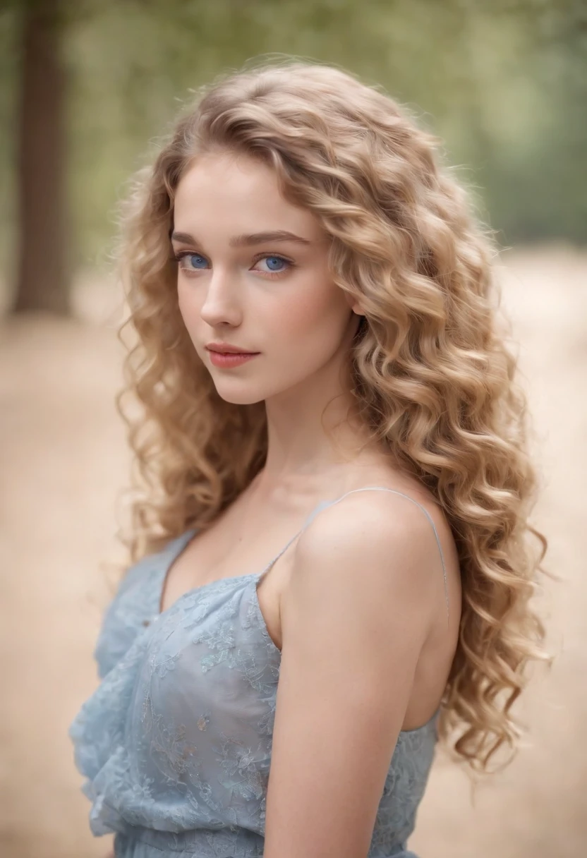 "Full body portrait of a charming 18 year old women with curly light hair, petite figure, beautiful face, captivating blue eyes, and modest bust size, showcasing her natural beauty."