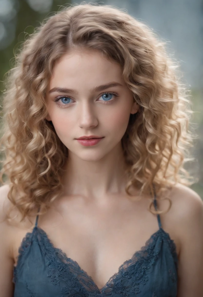 "Full body portrait of a charming 18 year old women with curly light hair, petite figure, beautiful face, captivating blue eyes, and modest bust size, showcasing her natural beauty."