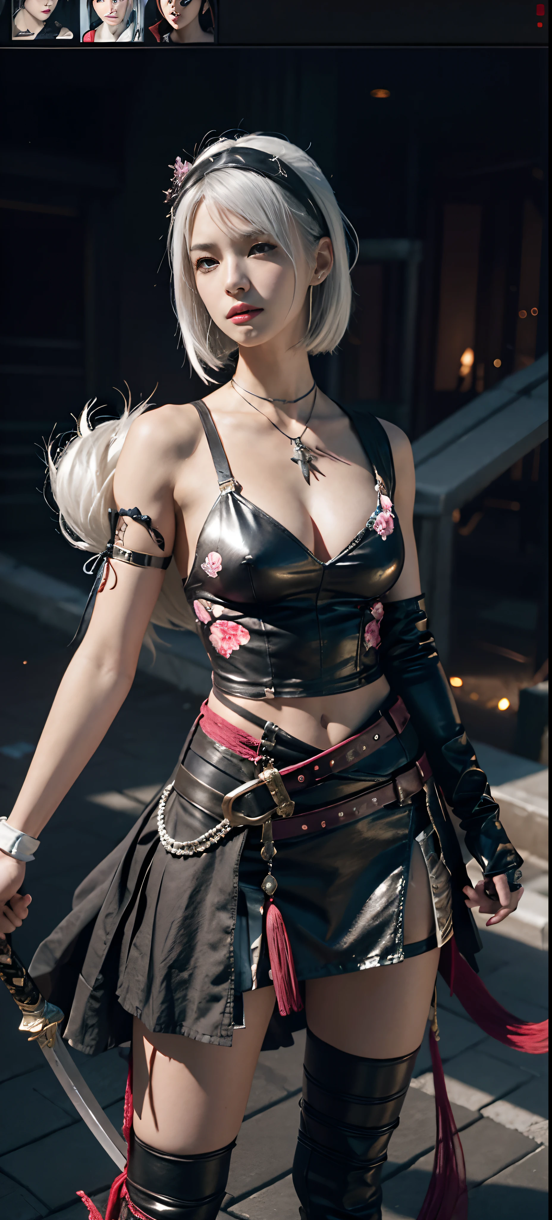 a close up of a person in a costume with a sword, as a character in tekken, female character, tifa lockhart with white hair, katana zero video game character, lunar themed attire, kda, slim body, cyborg - girl with silver hair, upper body avatar, (( medium breast;1.2)), fashion gameplay screenshot, fighting game character, new character, floralpunk elysian maiden, sigma female