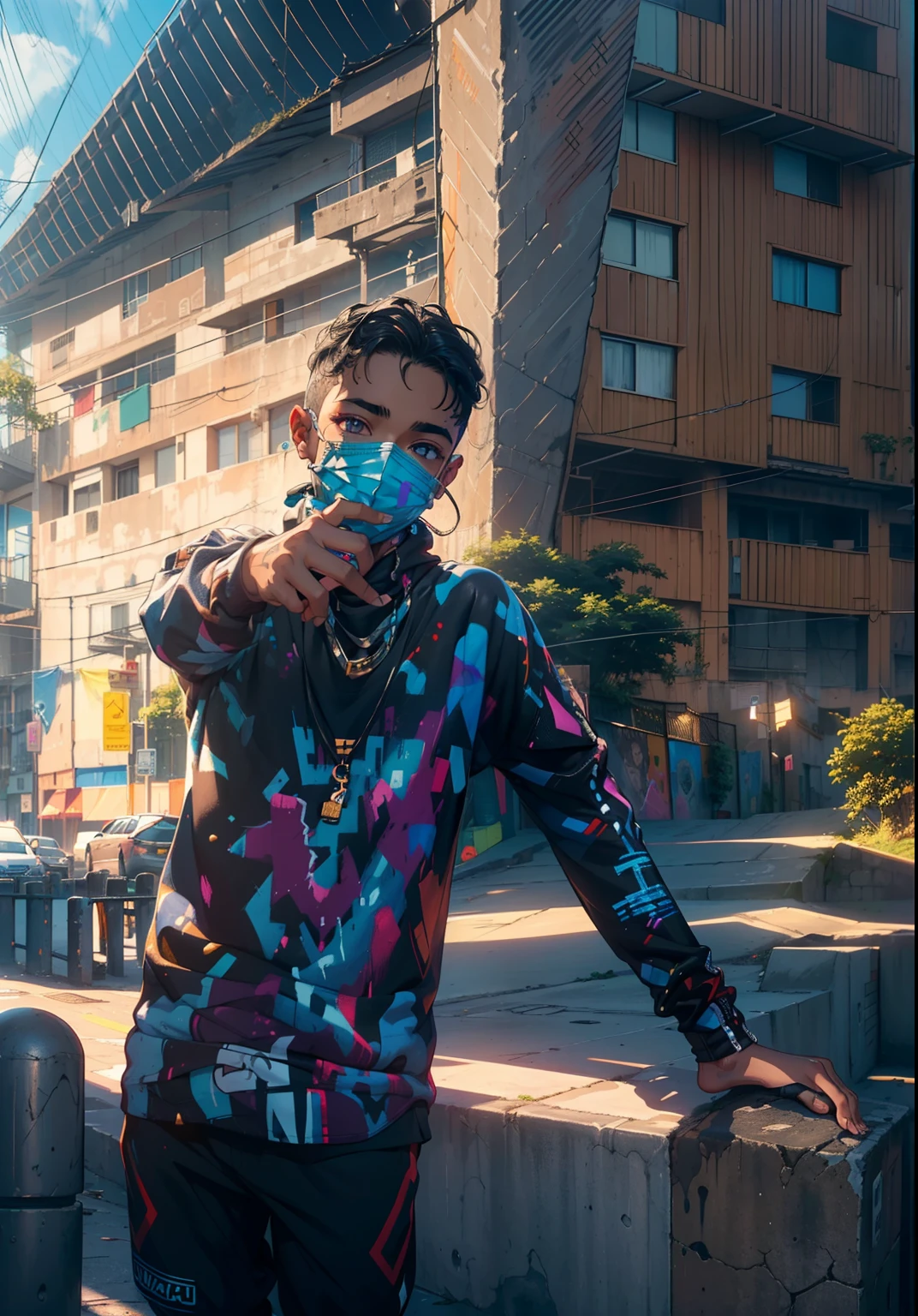 Um em um beco dos fundos、(super detalhe)、(8k)、((Moda Hip Hop))、(muro de grafite)、(Esbian de corpo inteiro)、(face hiperdetalhada)、(detailed feets)、(Detailed hand)、(cara fria)、(sentado com os joelhos levantados)、(Put your hands on your knees)