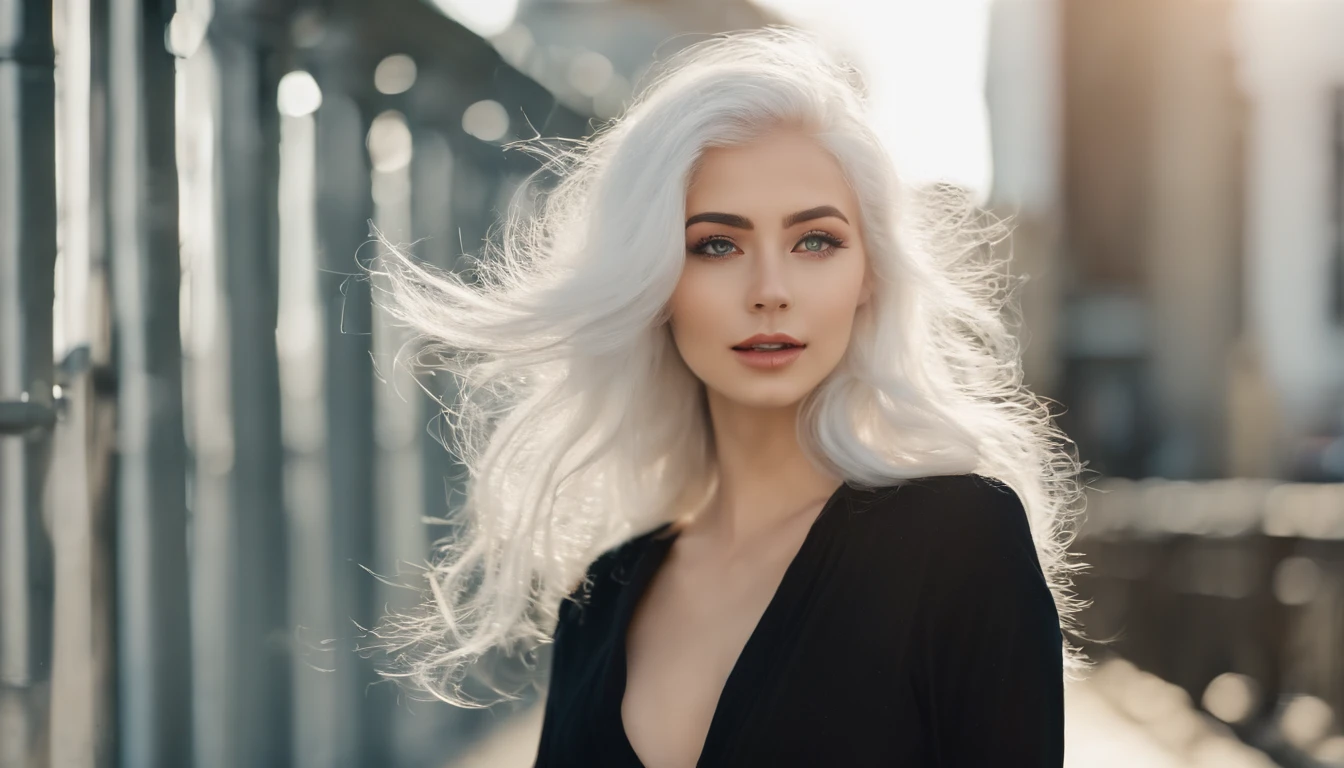 White sheer short tank top dress girl, Sexy girl with green eyes, Portrait of Sophie Mudd, (Big Eyes:1.2 ), (Subtle turquoise eyes), (Voluminous white hair: 1.8), (white hair), (large eyes), (white hair), (large eyes), (white hair), (large eyes), Selfie of a young woman, without makeup, natural makeup, Straight Looking at the Camera, Faces with artgrams, Subtle makeup, Amazing full-body shots, Pierced green eyes, Beautiful angles, attractive pose, Cute Girl, Sexy Pose, full body photograph, s whole body, full body shooting, White hair goddess, High Detail, Satisfying pose, seaside, waves, Sunny weather, shining sun, (Hair blowing in the breeze), Sunny weather, shining sun, (Hair blowing in the breeze), (Hair blowing in the breeze)
