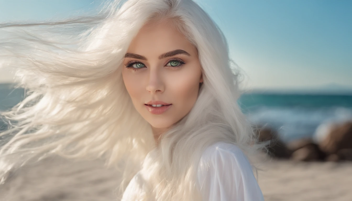White sheer short tank top dress girl, Sexy girl with green eyes, Portrait of Sophie Mudd, (Big Eyes:1.2 ), (Subtle turquoise eyes), (Voluminous white hair: 1.8), (white hair), (large eyes), (white hair), (large eyes), (white hair), (large eyes), Selfie of a young woman, without makeup, natural makeup, Straight Looking at the Camera, Faces with artgrams, Subtle makeup, Amazing full-body shots, Pierced green eyes, Beautiful angles, attractive pose, Cute Girl, Sexy Pose, full body photograph, s whole body, full body shooting, White hair goddess, High Detail, Satisfying pose, seaside, waves, Sunny weather, shining sun, (Hair blowing in the breeze), Sunny weather, shining sun, (Hair blowing in the breeze), (Hair blowing in the breeze)