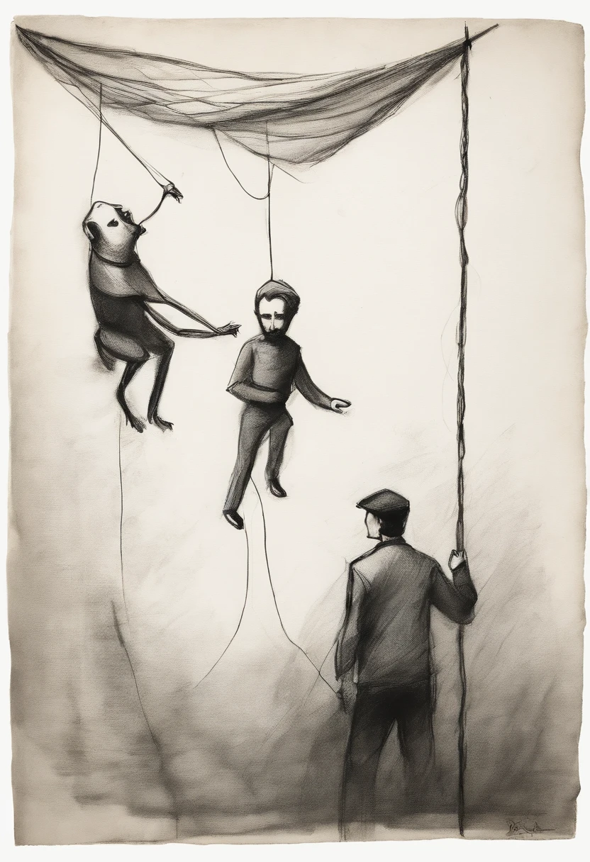 Rough charcoal sketch on old paper, a Man and a puppet, the man is controlling the puppet through strings,clean line art,+expressive line,in the style of expressive sketch drawing, black and white sketch, hand drawing, Stylesketching, linear style::Sketchnote Style