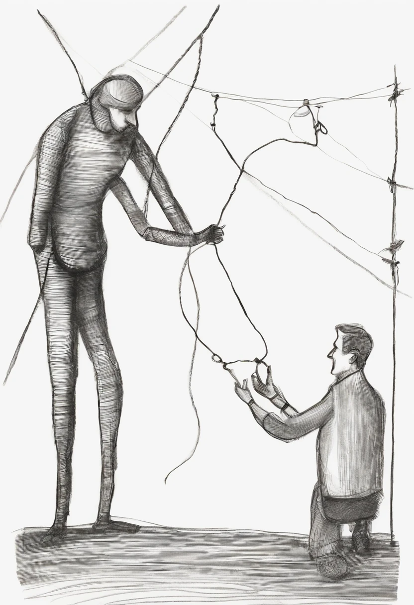 Rough charcoal sketch on old paper, a Man and a puppet, the man is controlling the puppet through strings,clean line art,+expressive line,in the style of expressive sketch drawing, black and white sketch, hand drawing, Stylesketching, linear style::Sketchnote Style