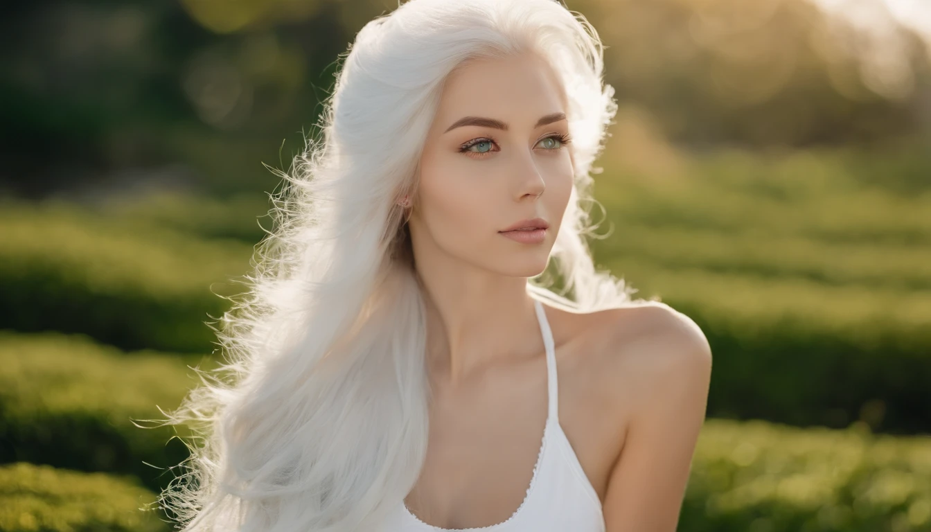 White sheer short tank top dress girl, Sexy girl with green eyes, Portrait of Sophie Mudd, (Big Eyes:1.2 ), (Subtle turquoise eyes), (Voluminous white hair: 1.8), (white hair), (large eyes), (white hair), (large eyes), (white hair), (large eyes), Selfie of a young woman, without makeup, natural makeup, Straight Looking at the Camera, Faces with artgrams, Subtle makeup, Amazing full-body shots, Pierced green eyes, Beautiful angles, attractive pose, Cute Girl, Sexy Pose, full body photograph, s whole body, full body shooting, White hair goddess, High Detail, Satisfying pose, seaside, waves, Sunny weather, shining sun, (Hair blowing in the breeze), Sunny weather, shining sun, (Hair blowing in the breeze), (Hair blowing in the breeze)