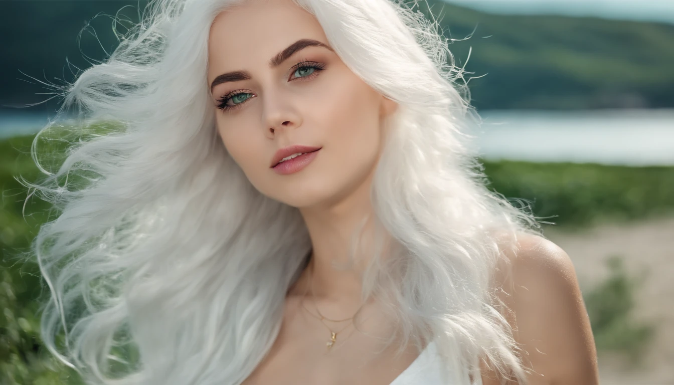 White sheer short tank top dress girl, Sexy girl with green eyes, Portrait of Sophie Mudd, (Big Eyes:1.2 ), (Subtle turquoise eyes), (Voluminous white hair: 1.8), (white hair), (large eyes), (white hair), (large eyes), (white hair), (large eyes), Selfie of a young woman, without makeup, natural makeup, Straight Looking at the Camera, Faces with artgrams, Subtle makeup, Amazing full-body shots, Pierced green eyes, Beautiful angles, attractive pose, Cute Girl, Sexy Pose, full body photograph, s whole body, full body shooting, White hair goddess, High Detail, Satisfying pose, seaside, waves, Sunny weather, shining sun, (Hair blowing in the breeze), Sunny weather, shining sun, (Hair blowing in the breeze), (Hair blowing in the breeze)