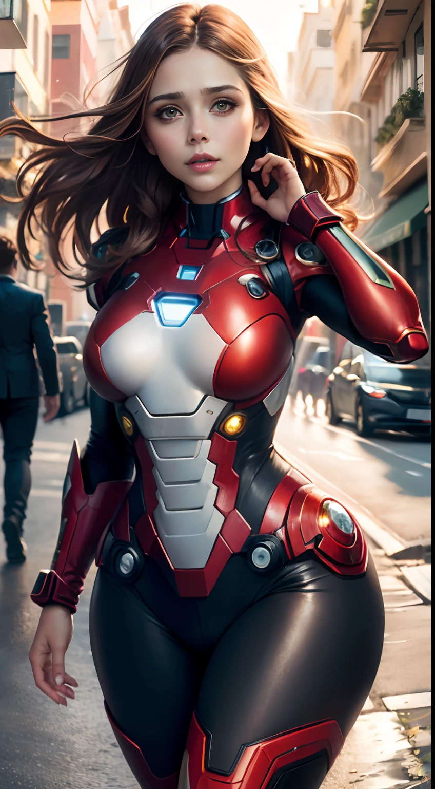 Elizabeth Olsen as Iron Man, bustling street, (inspired by Mass Effect), Iron Man suit, safety rating, breast enlargement, fat buttocks, leather pants wrapped around hips (8k, foto raw, fotorrealista: 1, 25), (muito brilho labial, muitos cílios, melhor qualidade, ultra alta resolução, profundidade de Campo, Aberração Cromática, Luz Ampla, Cor Natural, distant images (1:2)