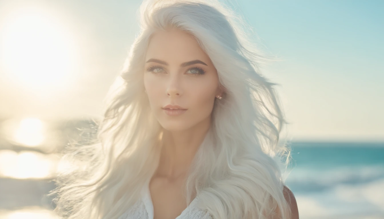 White sheer short tank top dress girl, Sexy girl with green eyes, Portrait of Sophie Mudd, (Big Eyes:1.2 ), (Subtle turquoise eyes), (Voluminous white hair: 1.8), (white hair), (large eyes), (white hair), (large eyes), (white hair), (large eyes), Selfie of a young woman, without makeup, natural makeup, Straight Looking at the Camera, Faces with artgrams, Subtle makeup, Amazing full-body shots, Pierced green eyes, Beautiful angles, attractive pose, Cute Girl, Sexy Pose, full body photograph, s whole body, full body shooting, White hair goddess, High Detail, Satisfying pose, seaside, waves, Sunny weather, shining sun, (Hair blowing in the breeze), Sunny weather, shining sun, (Hair blowing in the breeze), (Hair blowing in the breeze)