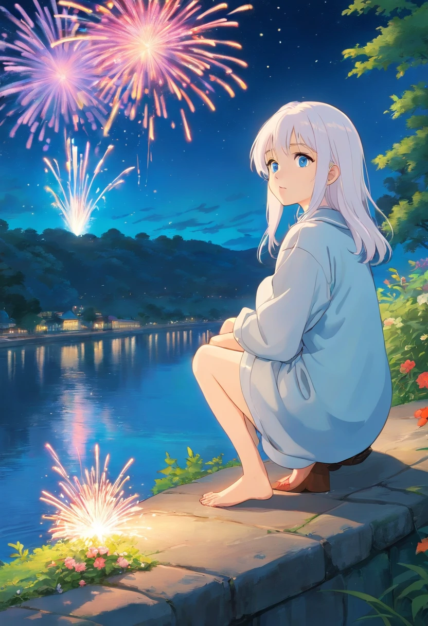 1girl Watching fireworks on the river bank, white-haired albino, sparkling blue eyes , in the style of tranquil gardenscapes, colorful animation stills, masami teraoka, aquamarine, paul gauguin, Embry style, honest portrayal