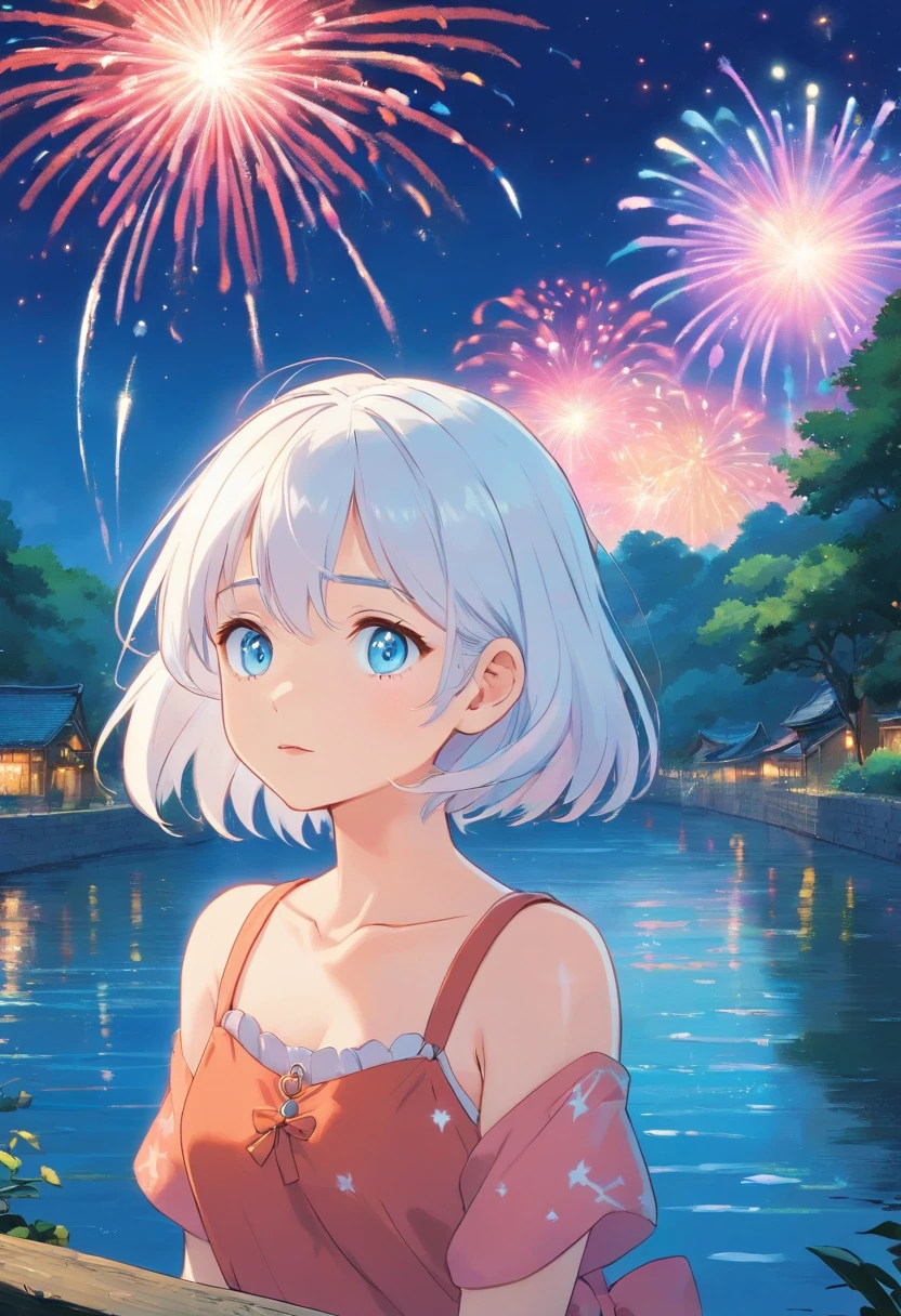 1girl Watching fireworks on the river bank, white-haired albino, sparkling blue eyes , in the style of tranquil gardenscapes, colorful animation stills, masami teraoka, aquamarine, paul gauguin, Embry style, honest portrayal