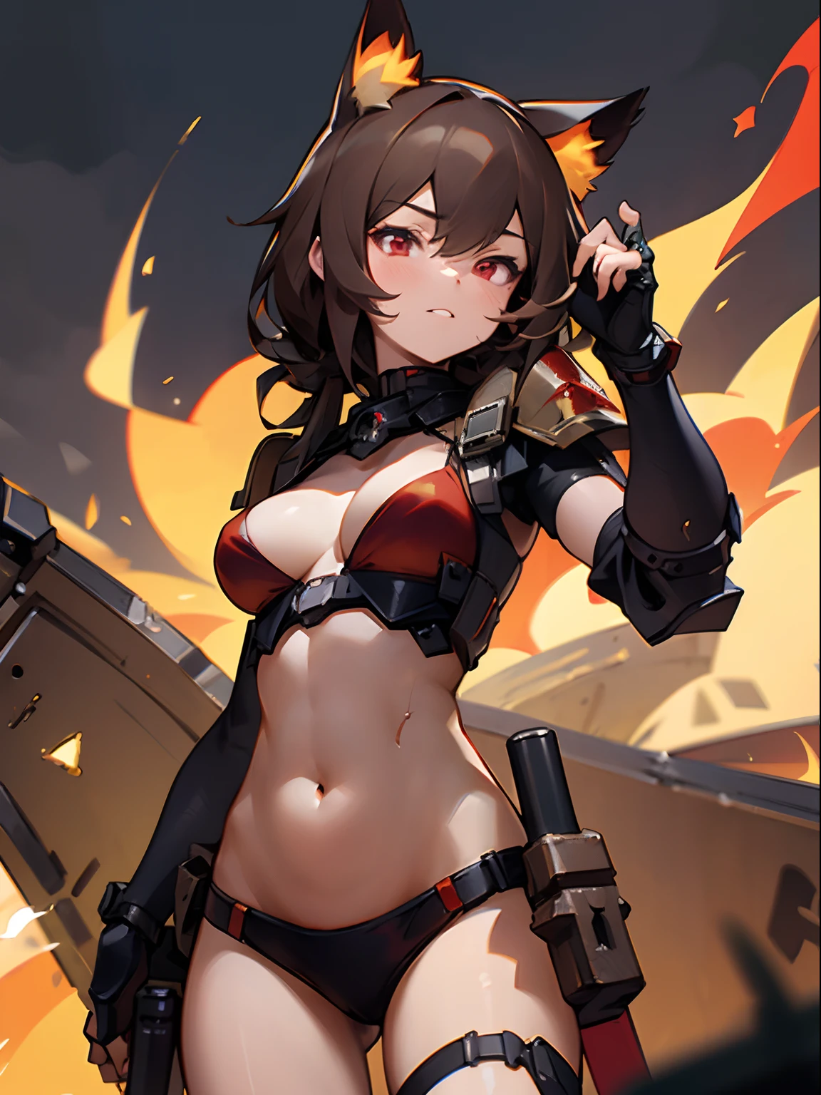 8k, super high resolution, masterpiece, artstation, very detailed, 1 girl, brown hair, glowing red eyes, closeup, cat ears, tactical, fury, flames, bikini armor, cinder, shield on back