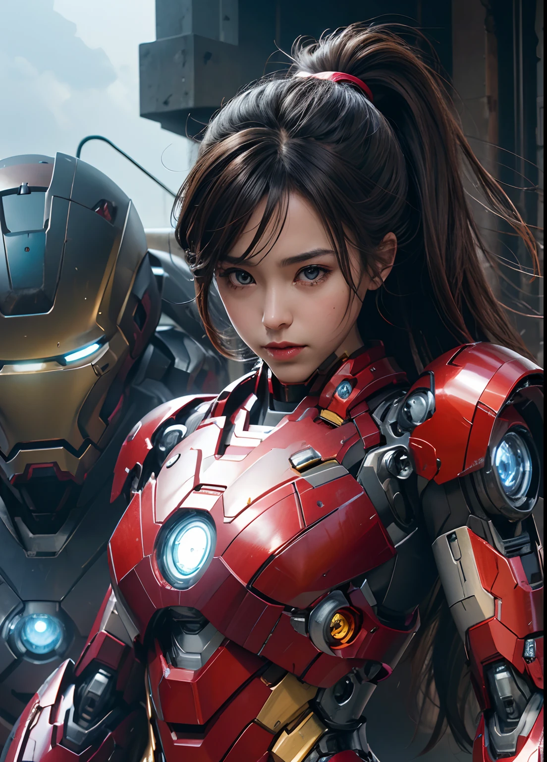 Textured skin, Super Detail, high details, High quality, Best Quality, hight resolution, 1080p, hard disk, Beautiful,(ironman),beautiful cyborg woman,Mecha Cyborg Girl,Battle Mode,Girl with a Mecha Body,She wears an Iron Man mech