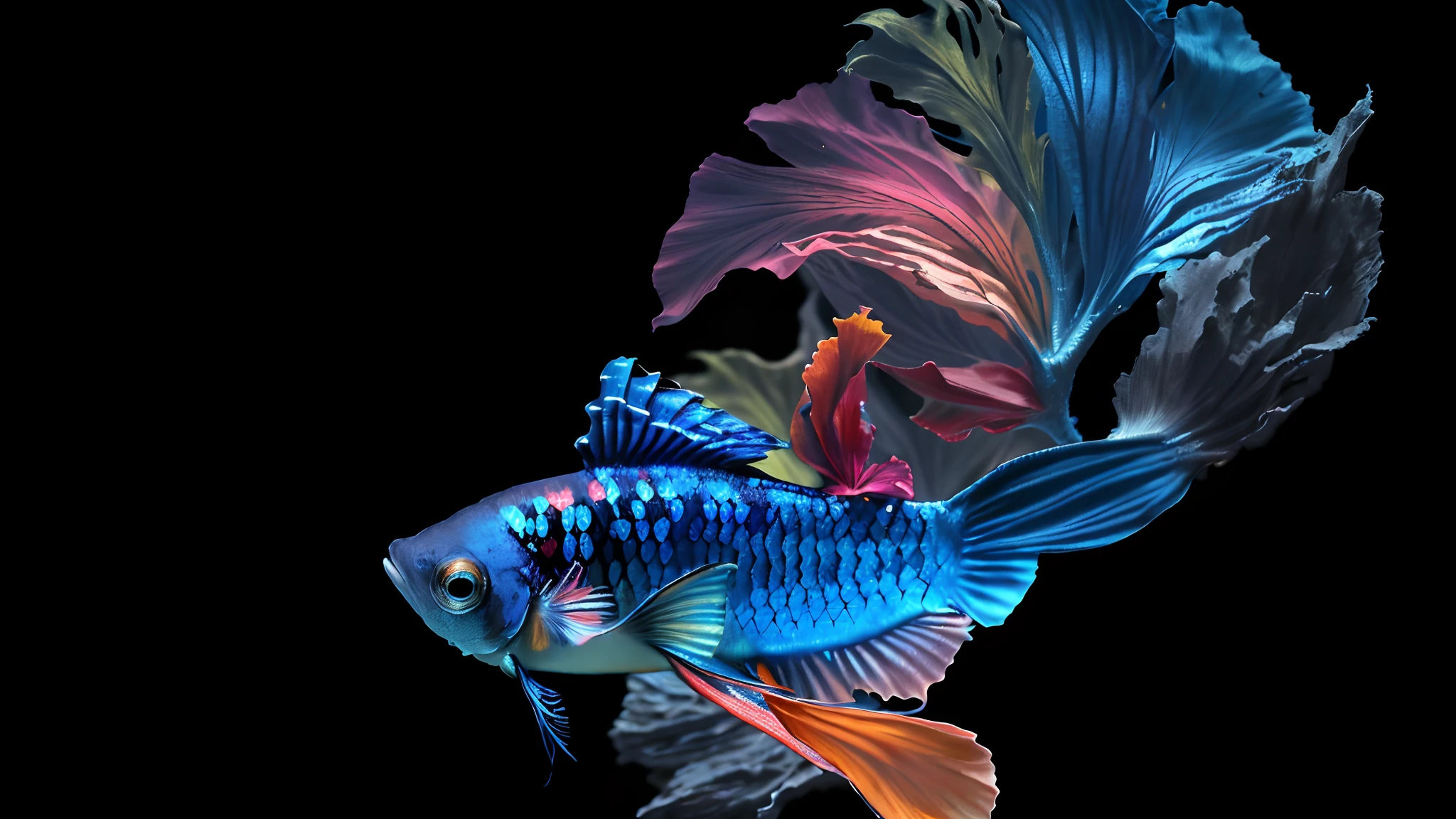 Close up of fish on black background, a betta fish, Colorful fish, High quality wallpaper, Fish swimming, Wallpaper 4k, wallpaper 4 k, high-quality wallpaper, exotic fish, Colorful hyperrealism, artsation 4 k, fish swimming around, amoled wallpaper, digital art animal photo, Surrealism with bright colors, high quality desktop wallpaper