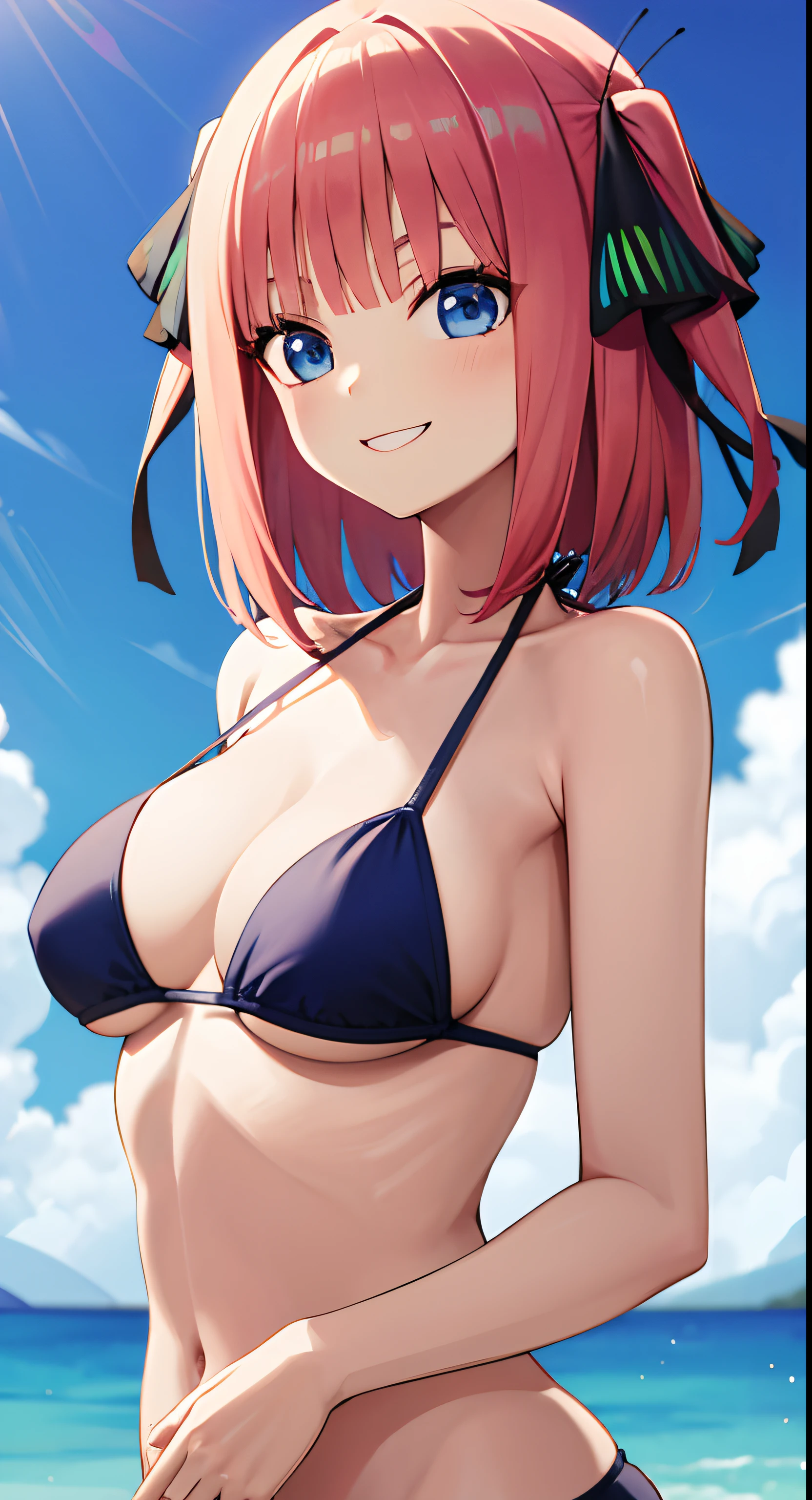 nino nakano, Short hair, Bangs, Blue eyes, Hair Ornament, Hair Ribbon, Pink hair, The bikini, two side up, butterfly hair ornament,blue open sky、the beach、mare、Smiling smile、 Large breasts
