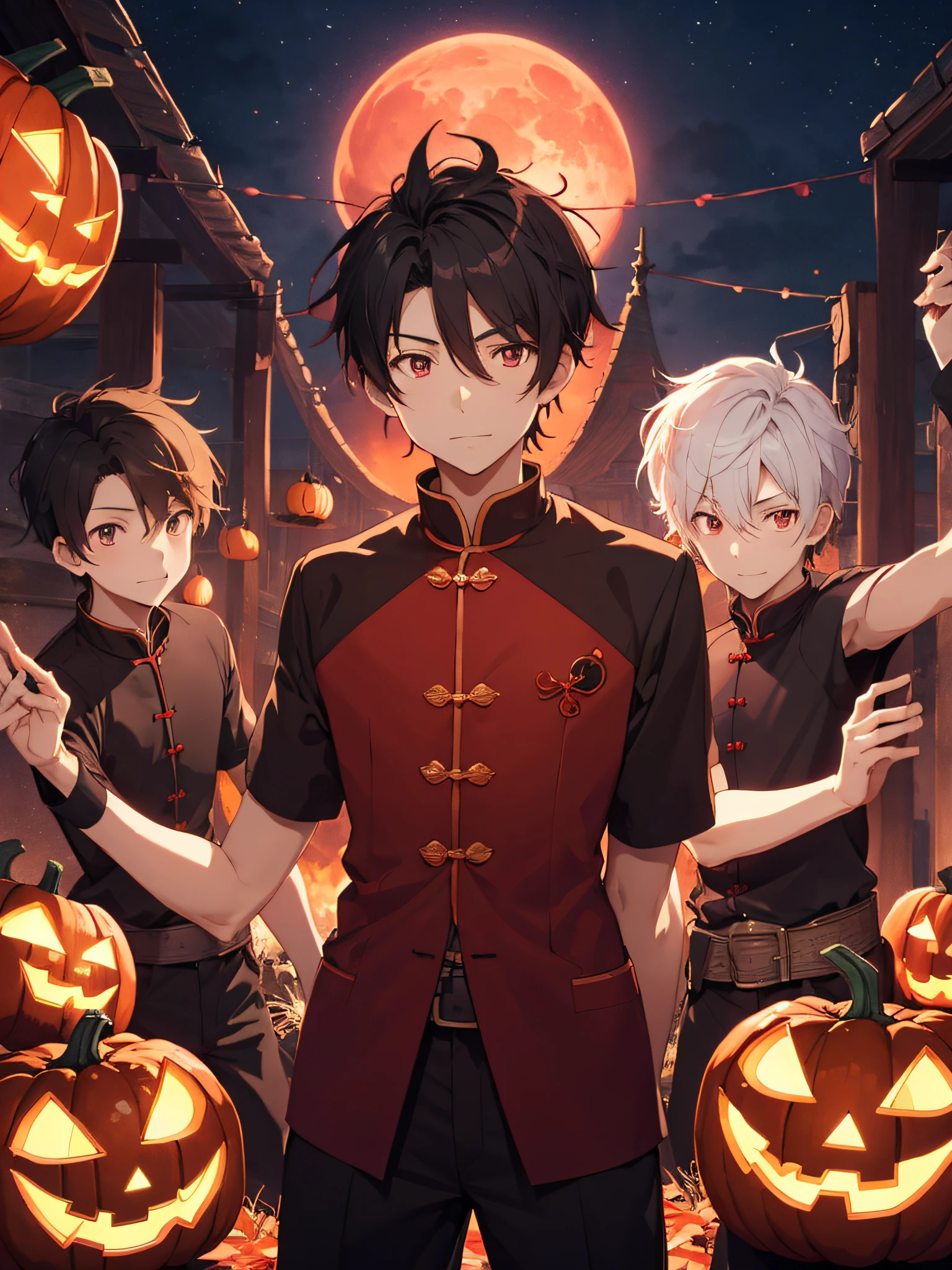 Magic Taoist，5 boys，Close Shot，serious facial expression，Stand under the Red Moon,Jack-o'-lantern,arms behind back,