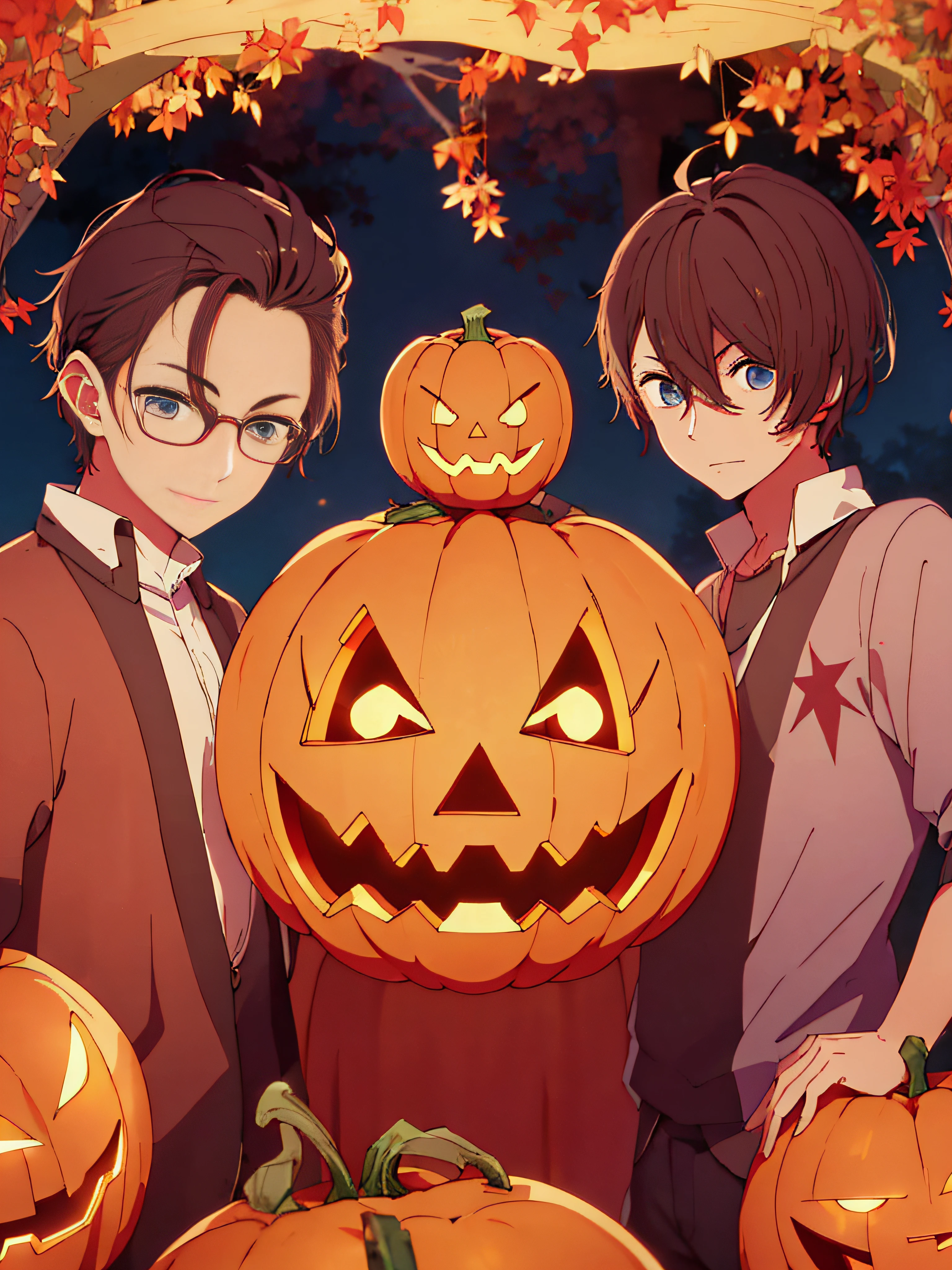 Magic Taoist,3 Boys of Man,Close Shot,serious facial expression,Stand under the Red Moon,Jack-o'-lantern,Halloween