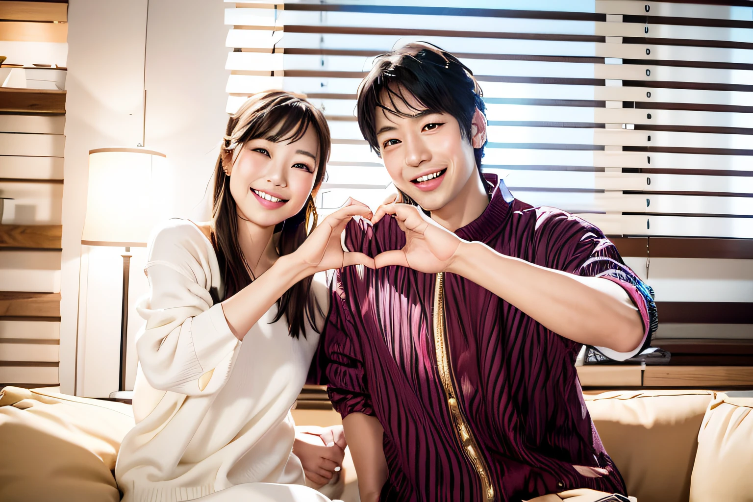 They are sitting on the couch making hearts with their hands, Smiling couple, Happy couple, ethnicity : Japanese, Couple Pose, lovely couple, taken with canon eos 5 d mark iv, in a japanese apartment, Photograph Taken on Nikon D750, Photo taken with Nikon D 7 5 0, marketing photo, taken with a canon eos 5 d