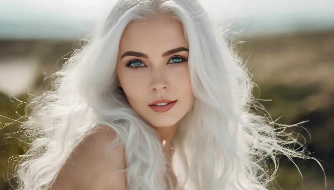 White sheer short tank top dress girl, Sexy girl with green eyes, Portrait of Sophie Mudd, (Big Eyes:1.2 ), (Subtle turquoise eyes), (Voluminous white hair: 1.8), (white hair), (large eyes), (white hair), (large eyes), (white hair), (large eyes), Selfie of a young woman, without makeup, natural makeup, Straight Looking at the Camera, Faces with artgrams, Subtle makeup, Amazing full-body shots, Pierced green eyes, Beautiful angles, attractive pose, Cute Girl, Sexy Pose, full body photograph, s whole body, full body shooting, White hair goddess, High Detail, Satisfying pose, seaside, waves, Sunny weather, shining sun, (Hair blowing in the breeze), Sunny weather, shining sun, (Hair blowing in the breeze), (Hair blowing in the breeze)