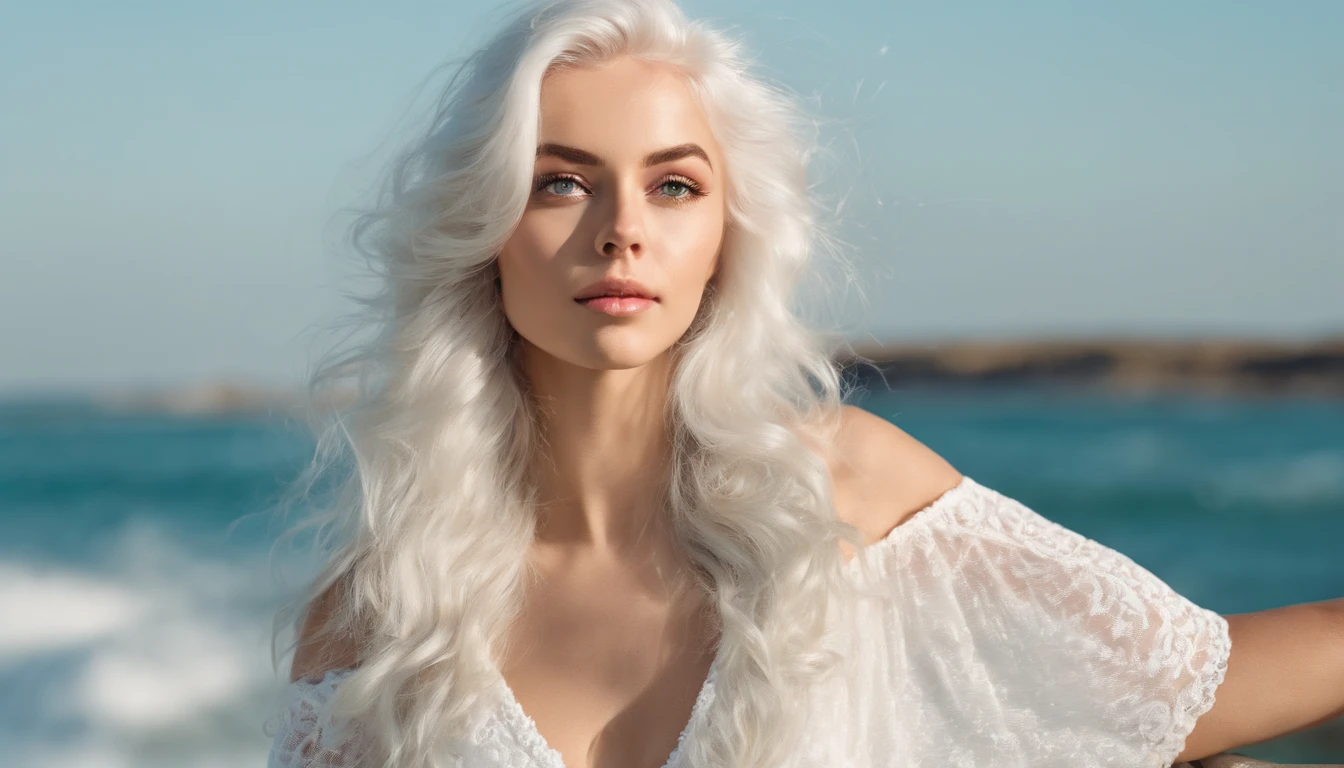 White sheer short tank top dress girl, Sexy girl with green eyes, Portrait of Sophie Mudd, (Big Eyes:1.2 ), (Subtle turquoise eyes), (Voluminous white hair: 1.8), (white hair), (large eyes), (white hair), (large eyes), (white hair), (large eyes), Selfie of a young woman, without makeup, natural makeup, Straight Looking at the Camera, Faces with artgrams, Subtle makeup, Amazing full-body shots, Pierced green eyes, Beautiful angles, attractive pose, Cute Girl, Sexy Pose, full body photograph, s whole body, full body shooting, White hair goddess, High Detail, Satisfying pose, seaside, waves, Sunny weather, shining sun, (Hair blowing in the breeze), Sunny weather, shining sun, (Hair blowing in the breeze), (Hair blowing in the breeze)