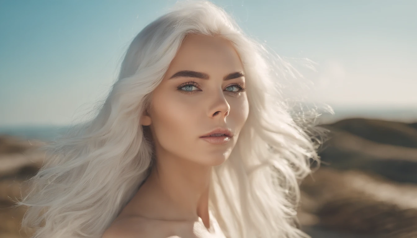White sheer short tank top dress girl, Sexy girl with green eyes, Portrait of Sophie Mudd, (Big Eyes:1.2 ), (Subtle turquoise eyes), (Voluminous white hair: 1.8), (white hair), (large eyes), (white hair), (large eyes), (white hair), (large eyes), Selfie of a young woman, without makeup, natural makeup, Straight Looking at the Camera, Faces with artgrams, Subtle makeup, Amazing full-body shots, Pierced green eyes, Beautiful angles, attractive pose, Cute Girl, Sexy Pose, full body photograph, s whole body, full body shooting, White hair goddess, High Detail, Satisfying pose, seaside, waves, Sunny weather, shining sun, (Hair blowing in the breeze), Sunny weather, shining sun, (Hair blowing in the breeze), (Hair blowing in the breeze)
