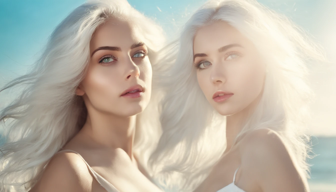 White sheer short tank top dress girl, Sexy girl with green eyes, Portrait of Sophie Mudd, (Big Eyes:1.2 ), (Subtle turquoise eyes), (Voluminous white hair: 1.8), (white hair), (large eyes), (white hair), (large eyes), (white hair), (large eyes), Selfie of a young woman, without makeup, natural makeup, Straight Looking at the Camera, Faces with artgrams, Subtle makeup, Amazing full-body shots, Pierced green eyes, Beautiful angles, attractive pose, Cute Girl, Sexy Pose, full body photograph, s whole body, full body shooting, White hair goddess, High Detail, Satisfying pose, seaside, waves, Sunny weather, shining sun, (Hair blowing in the breeze), Sunny weather, shining sun, (Hair blowing in the breeze), (Hair blowing in the breeze)