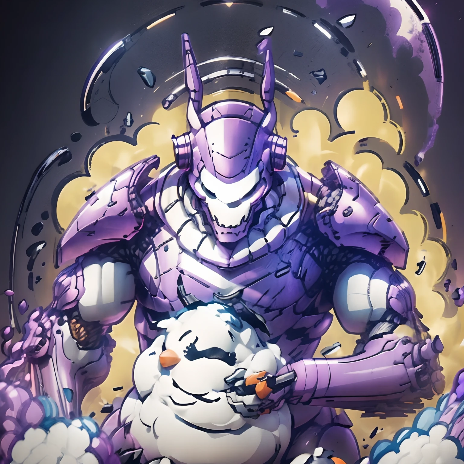 (Snowman head), (armored), (reaper), (mech), (purple aura) , (carrot nose)