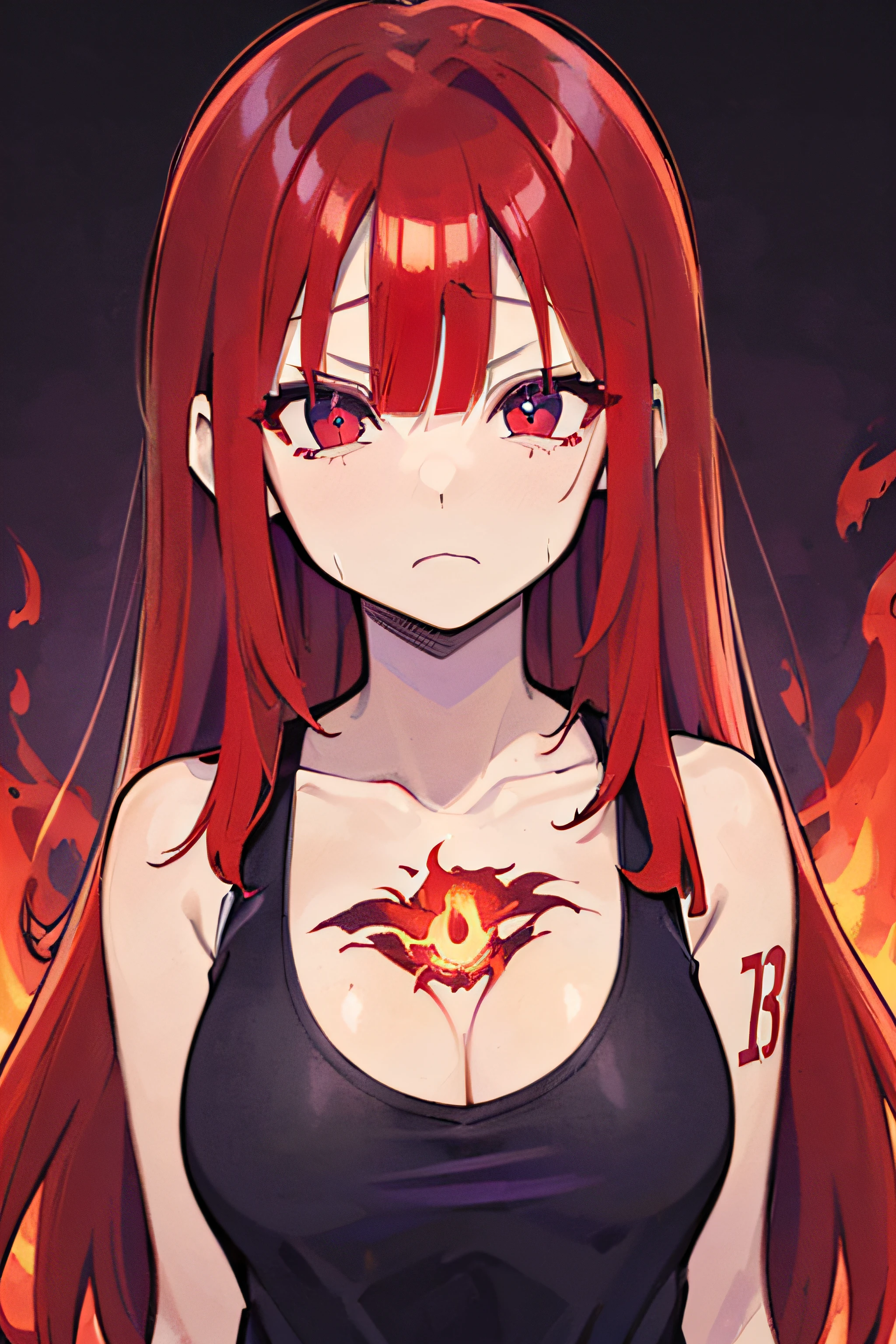 (((((red crimson hair)))), long silky hair, thick eyelashes, ((((large purple eyes))), glowing eyes, blue colored pupils, wearing a black tank top, with exposed shoulders, medium bust, tattoos, flame-shaped earing, upset facial expression, gothic, emotional depth, burning background, glowing background