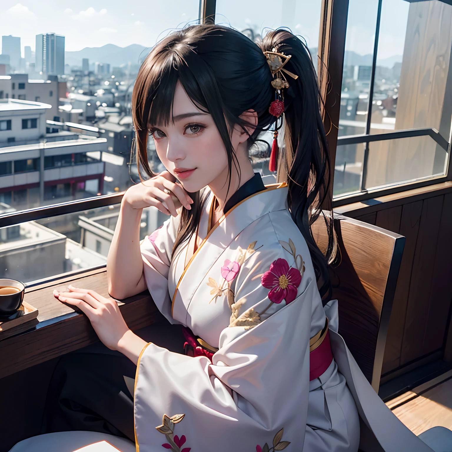 Detailed background(Stylish coffee shop(The cityscape of Kyoto seen outside the window,morning)),Sitting on a chair,Drinking coffee,Smiling,BREAK,elaborate costume{Luxury kimono(Colorful kimono(detailed embroidery,))}、1girl in(Japanese Idol(actress):1.2)(face perfect:1.2),Depicting a beautiful and classy adult woman,glossy dark hair(poneyTail),Heart in the eye, Wallpapers 16K,Blur the background with a sickle,((masutepiece)), ((Best Quality)),{{a portrait photo of}},full body Esbian
