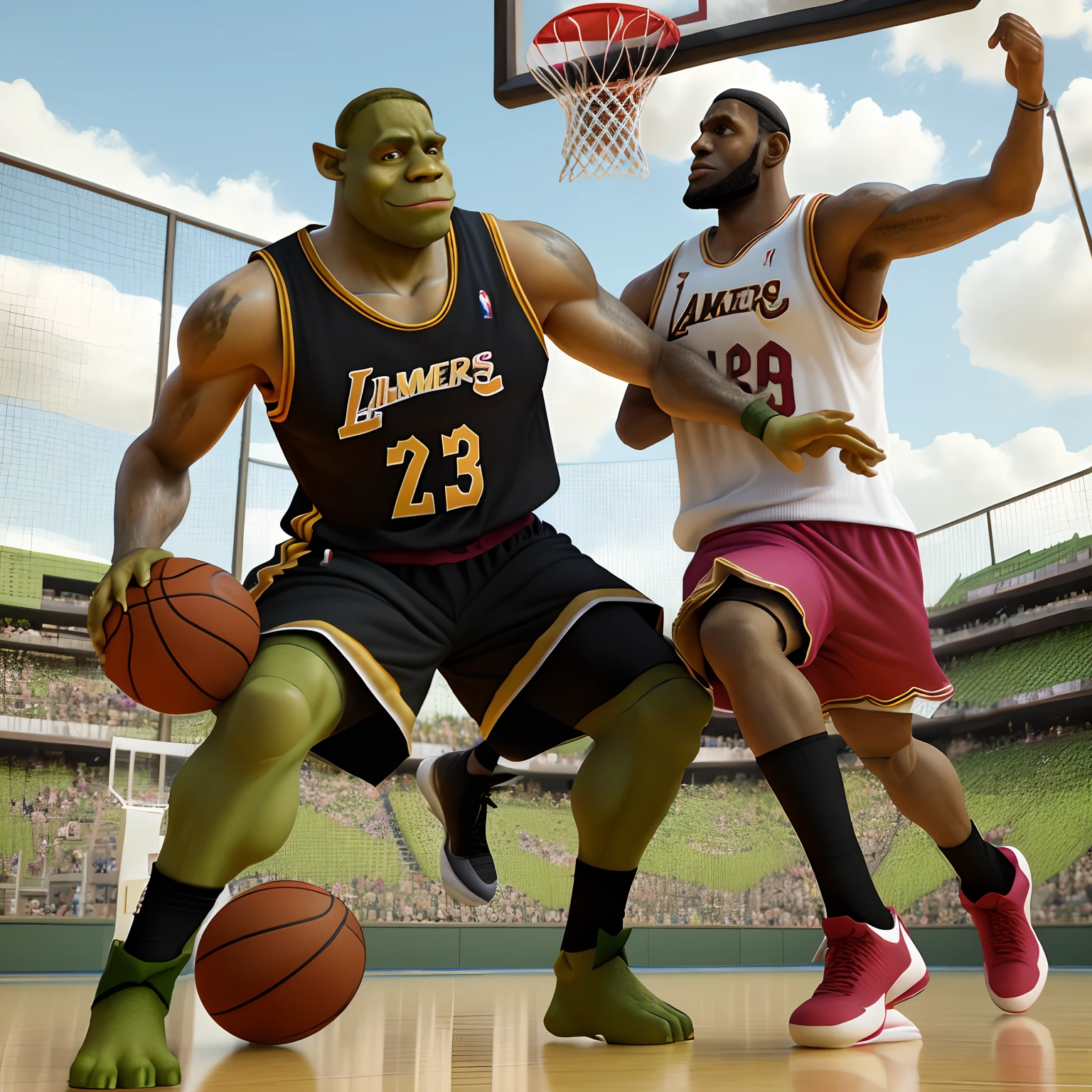 Lebron James and Shrek playing basketball 3D