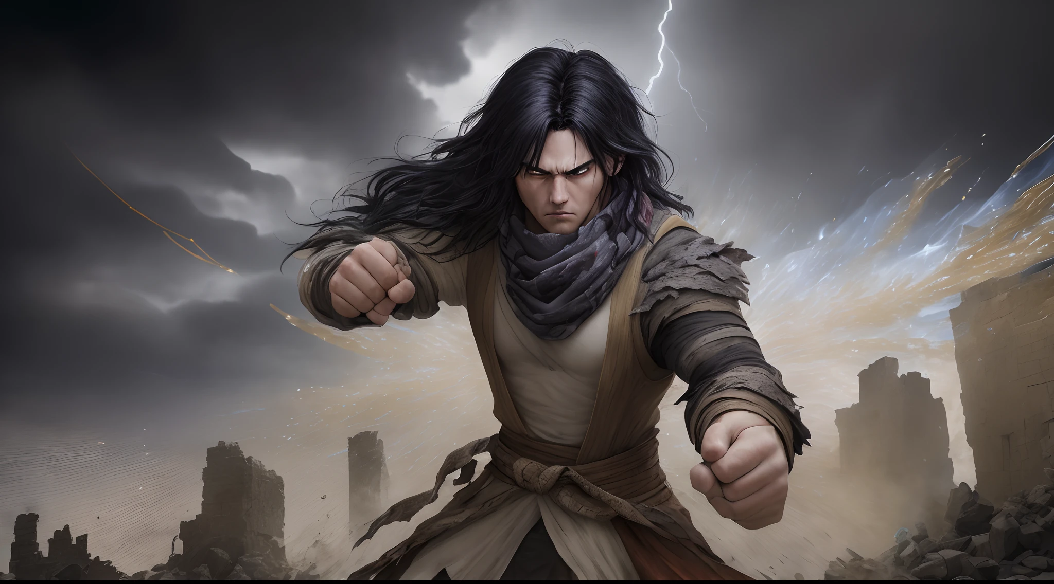 (Explosive ruins)The eyes are full of confusion,He clenched his fists,Rush up,Deliver a fatal blow to your opponent,full bodyesbian,Full Body Male Mage 32K(tmasterpiece,k hd,hyper HD,32K)Flowing black hair,Campsite clutter,zydink, a color, patriot (Doomsday ruins), (Linen batik scarf), Angry fighting stance, looking at the ground, Batik linen bandana, Chinese python pattern long-sleeved garment, (Abstract propylene splash:1.2), Dark clouds lightning background,Flour flies(realisticlying:1.4),Black color hair,Flour fluttering,Background fog, A high resolution, the detail, RAW photogr, Sharp Re, Nikon D850 Film Stock Photo by Jefferies Lee 4 Kodak Portra 400 Camera F1.6 shots, Rich colors, ultra-realistic vivid textures, Dramatic lighting, Unreal Engine Art Station Trend, cinestir 800,Flowing black hair,(((Male mage))),The male mage was furious,